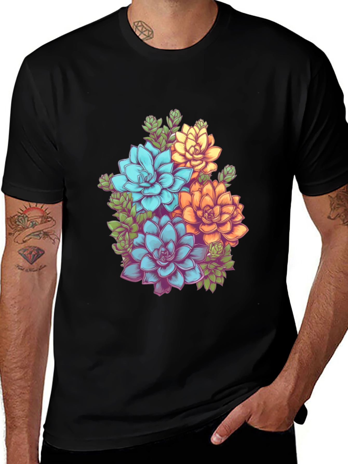 Variant 30 of Floral Succulent Graphic Tee - Black Cotton T-Shirt