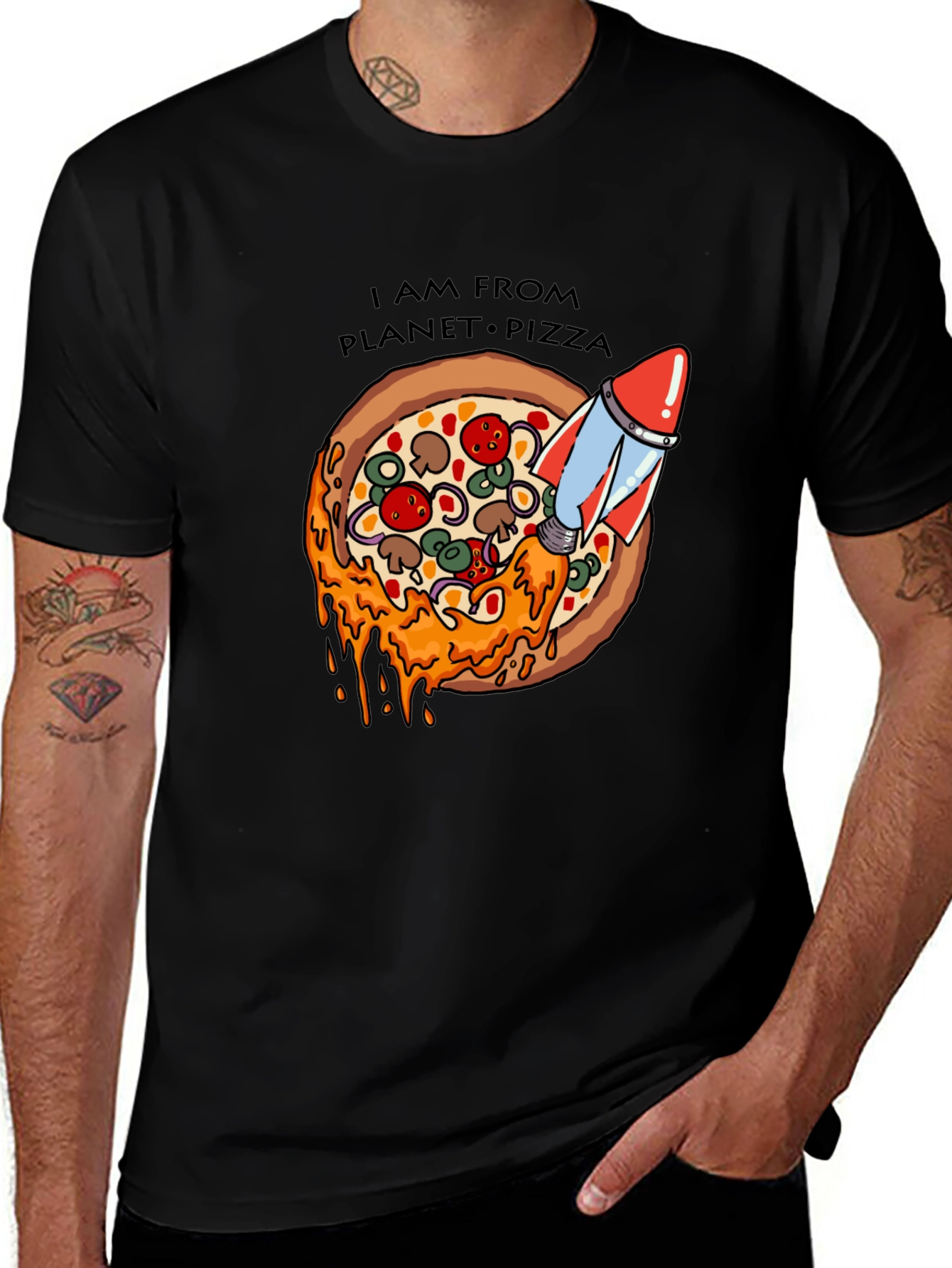 Variant 5 of Planet Pizza T-Shirt - Rocket Launch Design