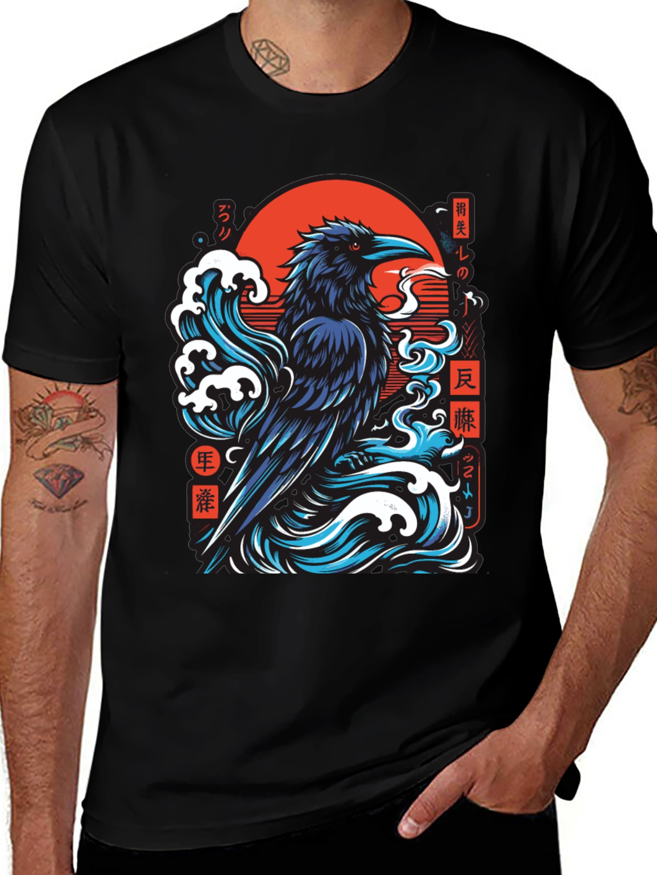 Variant 11 of Raven Wave Graphic Tee - Japanese Art Style
