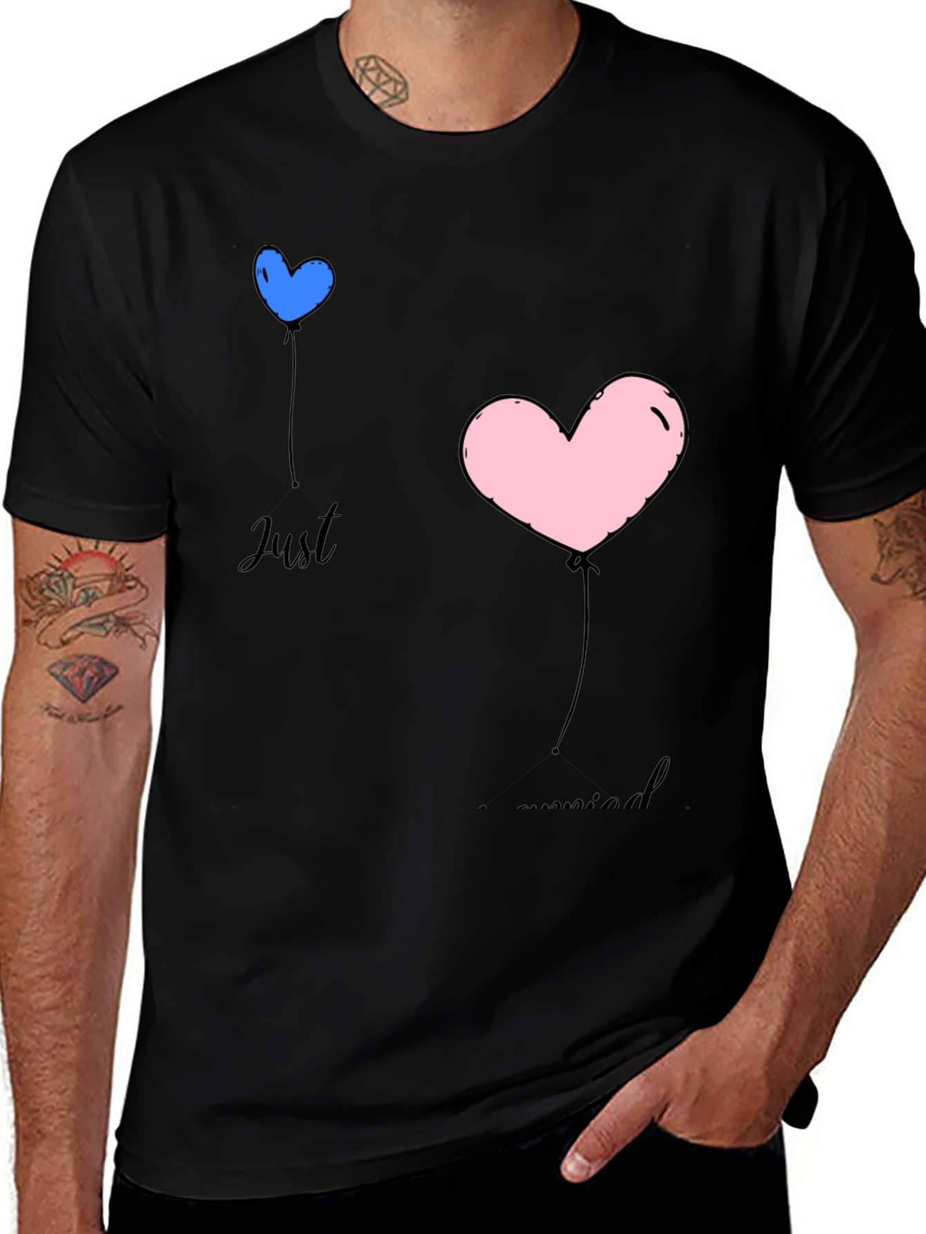 Just Married Heart Balloons Black T-Shirt