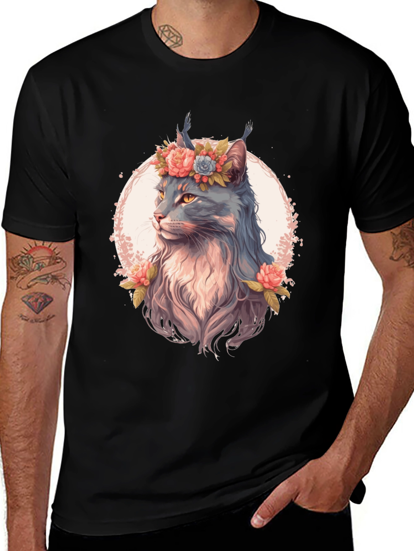Variant 17 of Floral Cat Graphic T-Shirt - Unisex Black Tee