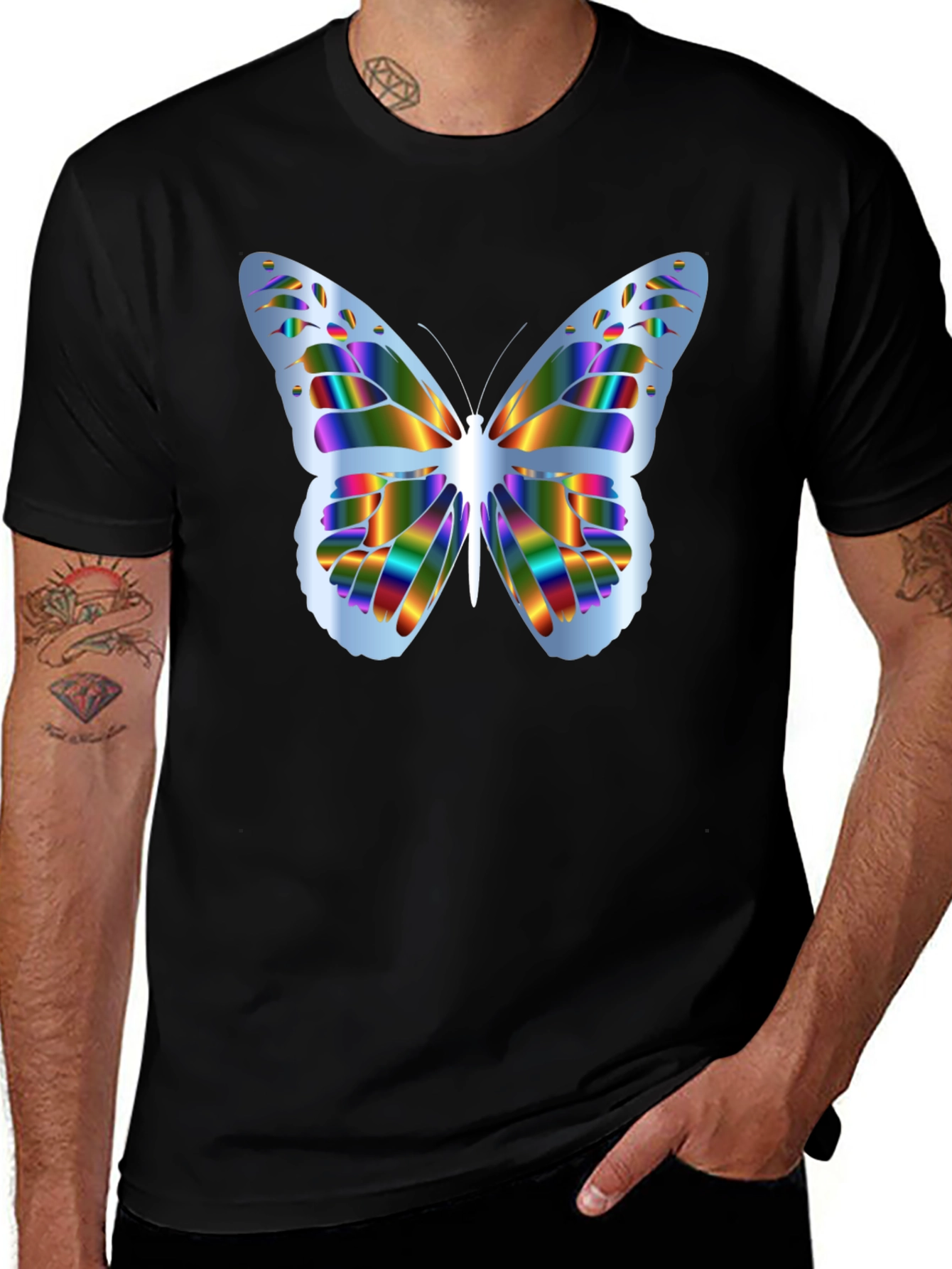 Variant 7 of Rainbow Butterfly Graphic Tee - Men's Black T-Shirt