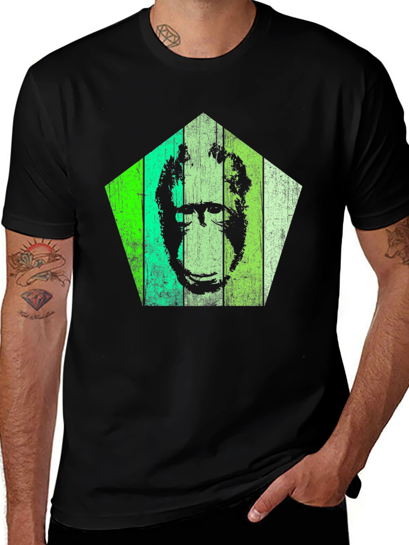 Variant 8 of Retro Green Gorilla Graphic Tee - Men's Black T-Shirt