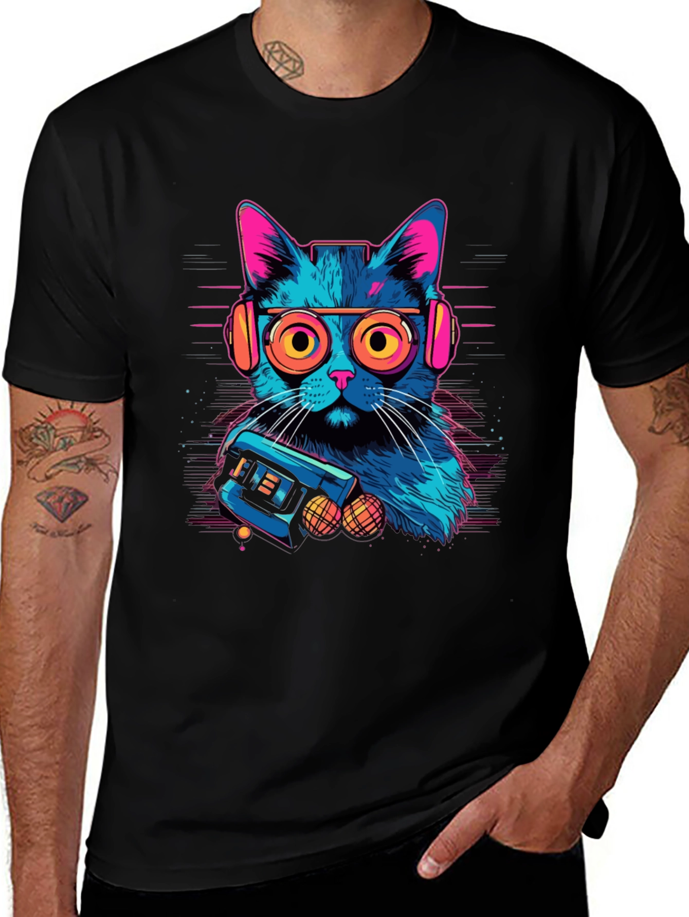 Variant 25 of Retro Cat Gamer Black T-Shirt