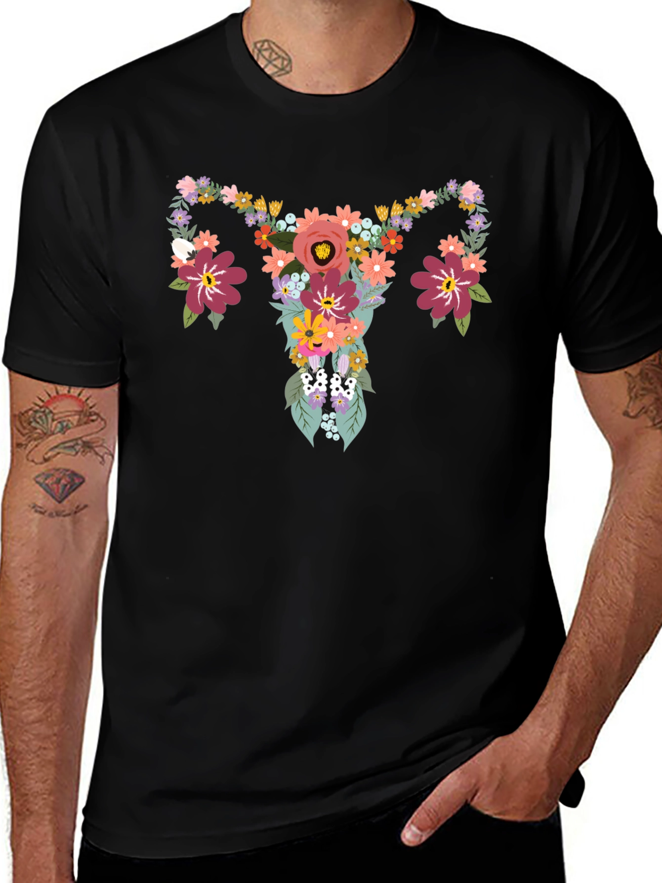 Variant 9 of Floral Uterus Graphic Tee - Black Cotton T-Shirt