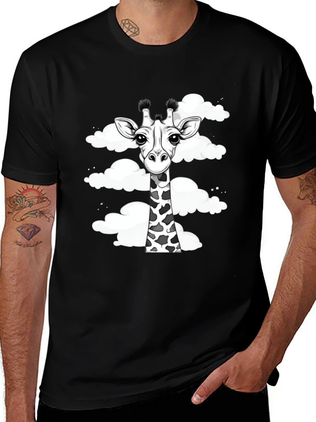 Variant 24 of Giraffe in Clouds Graphic Tee - Black Cotton