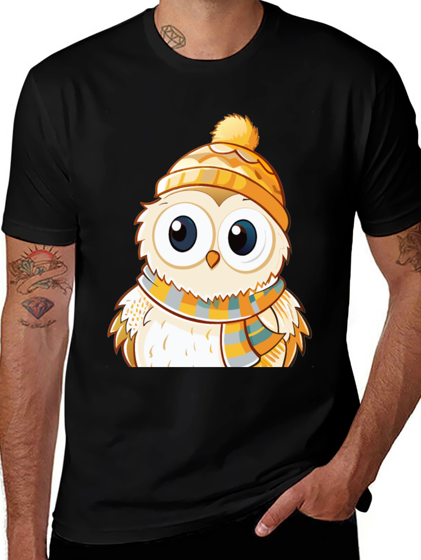 Black Owl with Hat & Scarf Graphic Tee main image