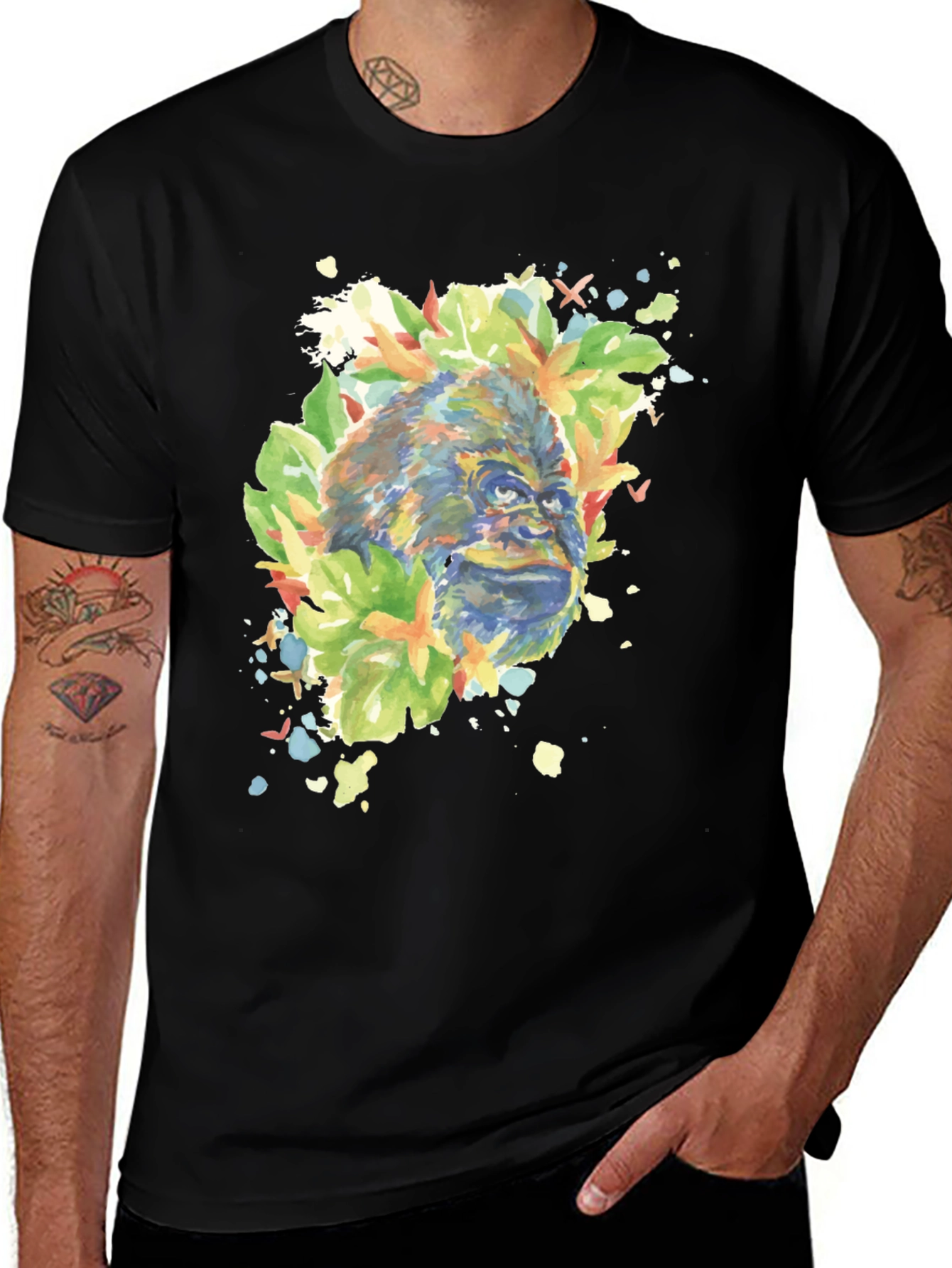 Black Gorilla Watercolor Graphic Tee - Men's Black T-Shirt main image