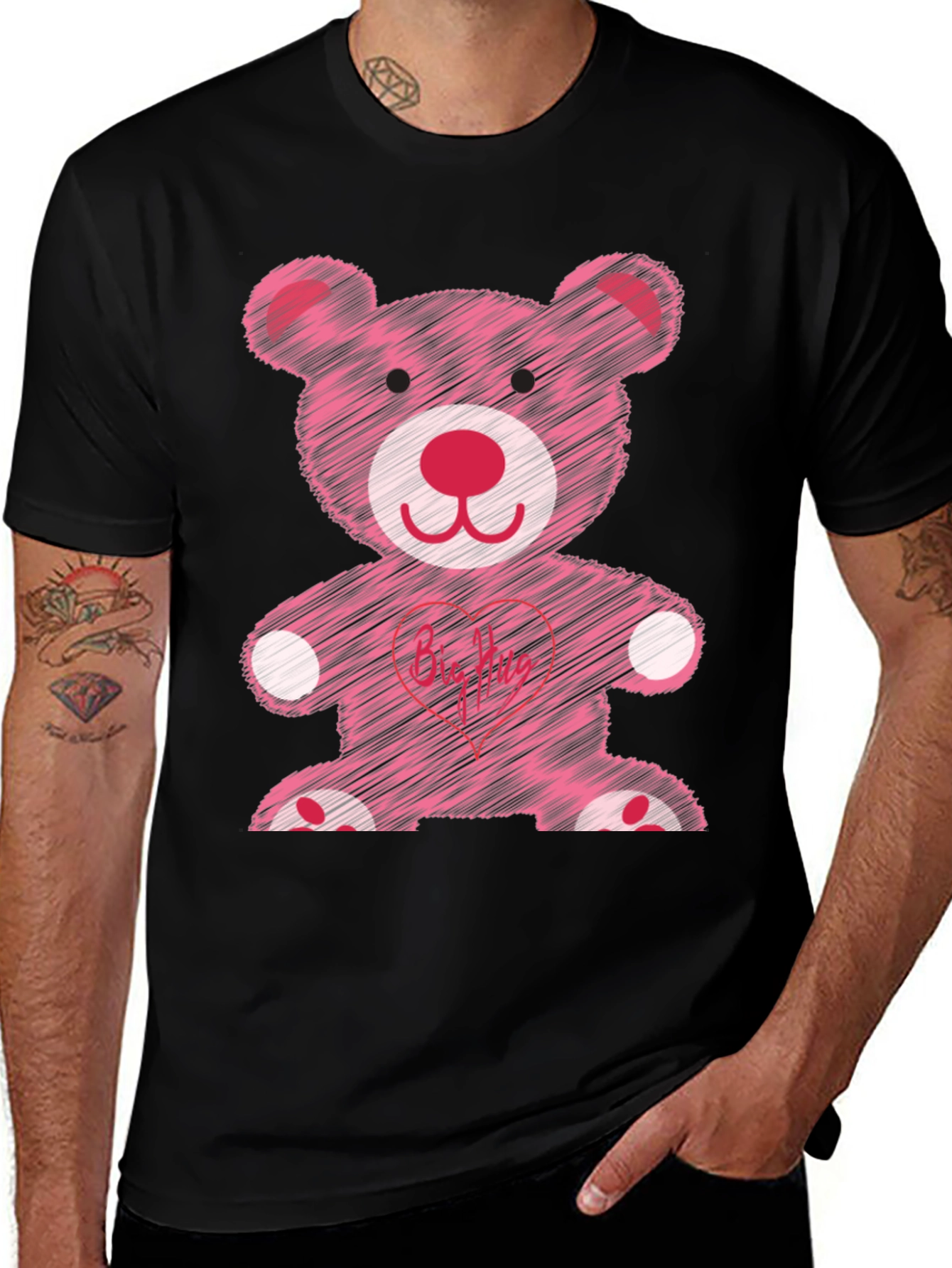 Variant 25 of Black T-Shirt with Pink Scribble-Style Teddy Bear Graphic