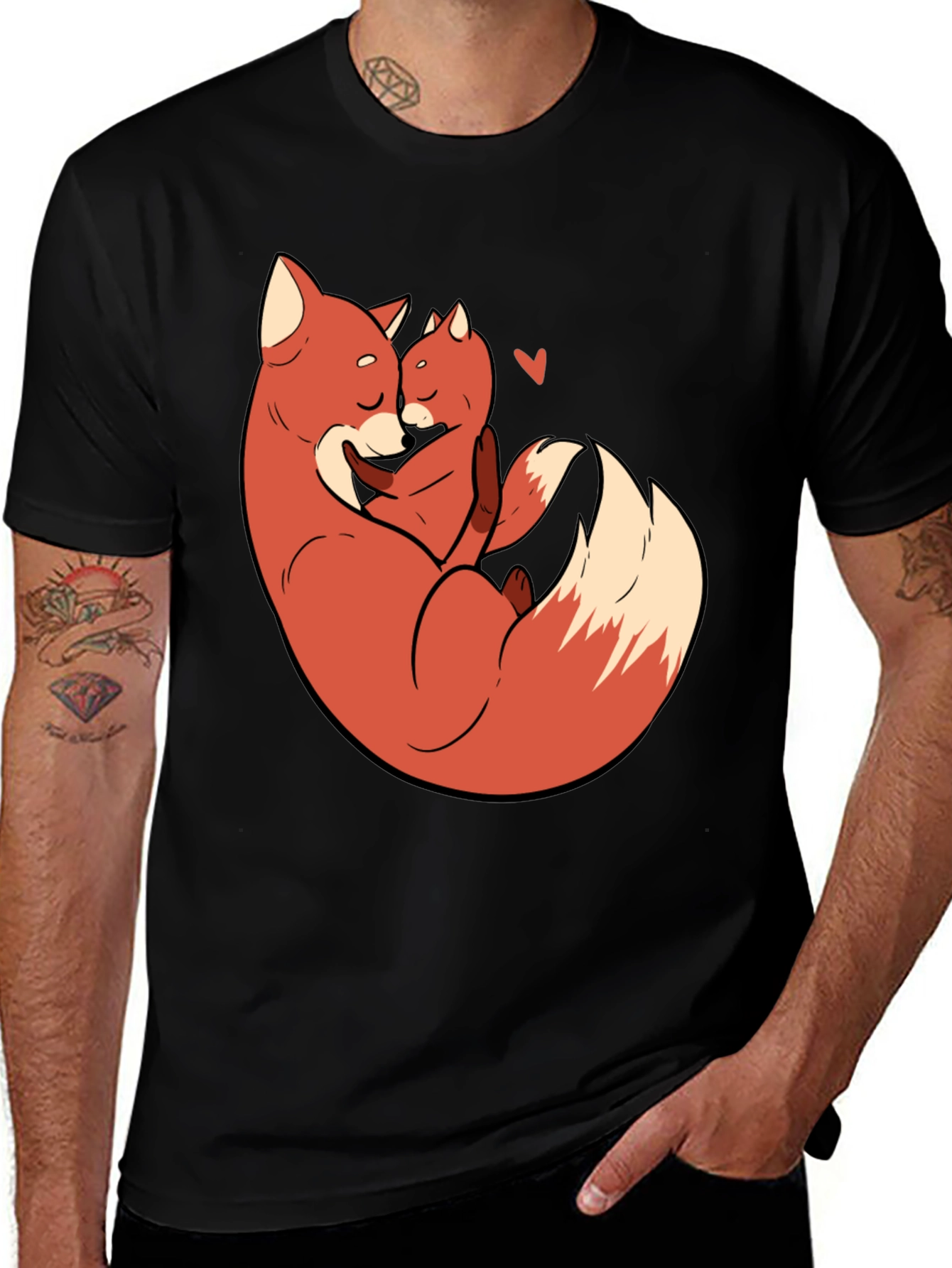 Black Fox Mom & Cub Love T-Shirt - Black, Cartoon Design main image