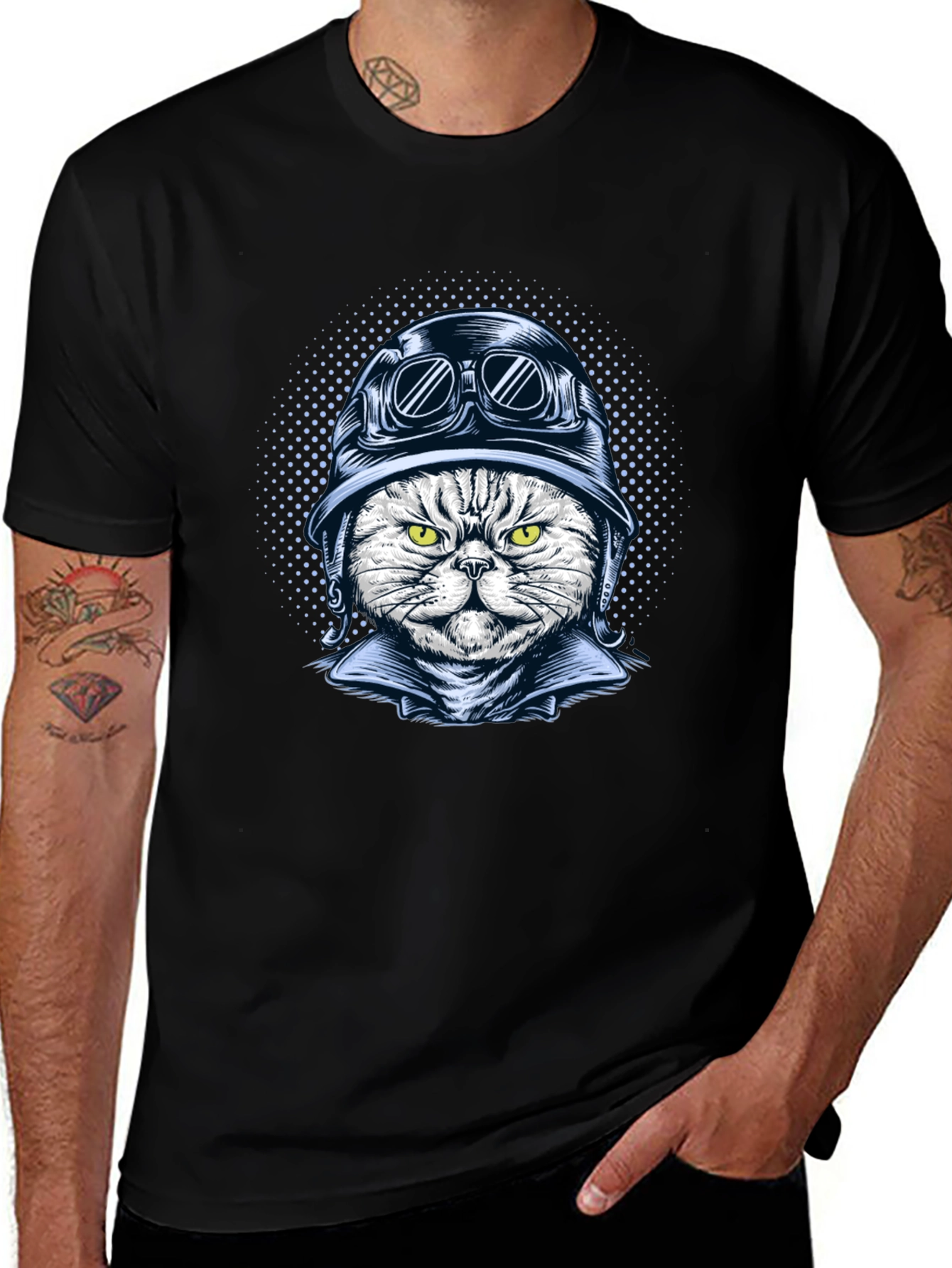 Variant 6 of Cool Cat Biker Graphic T-Shirt - Black Cotton Tee