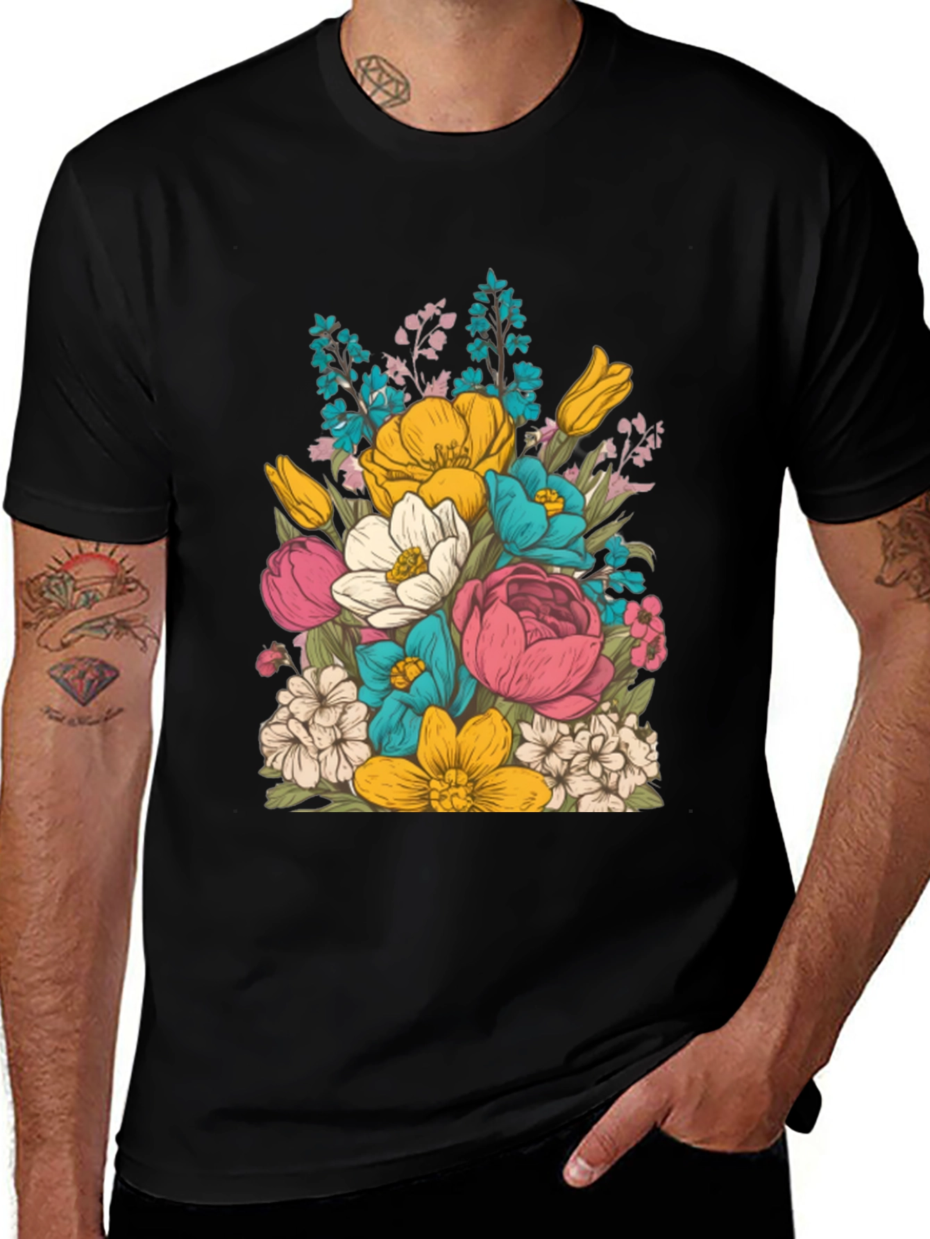 Variant 28 of Floral Print Black T-Shirt for Men