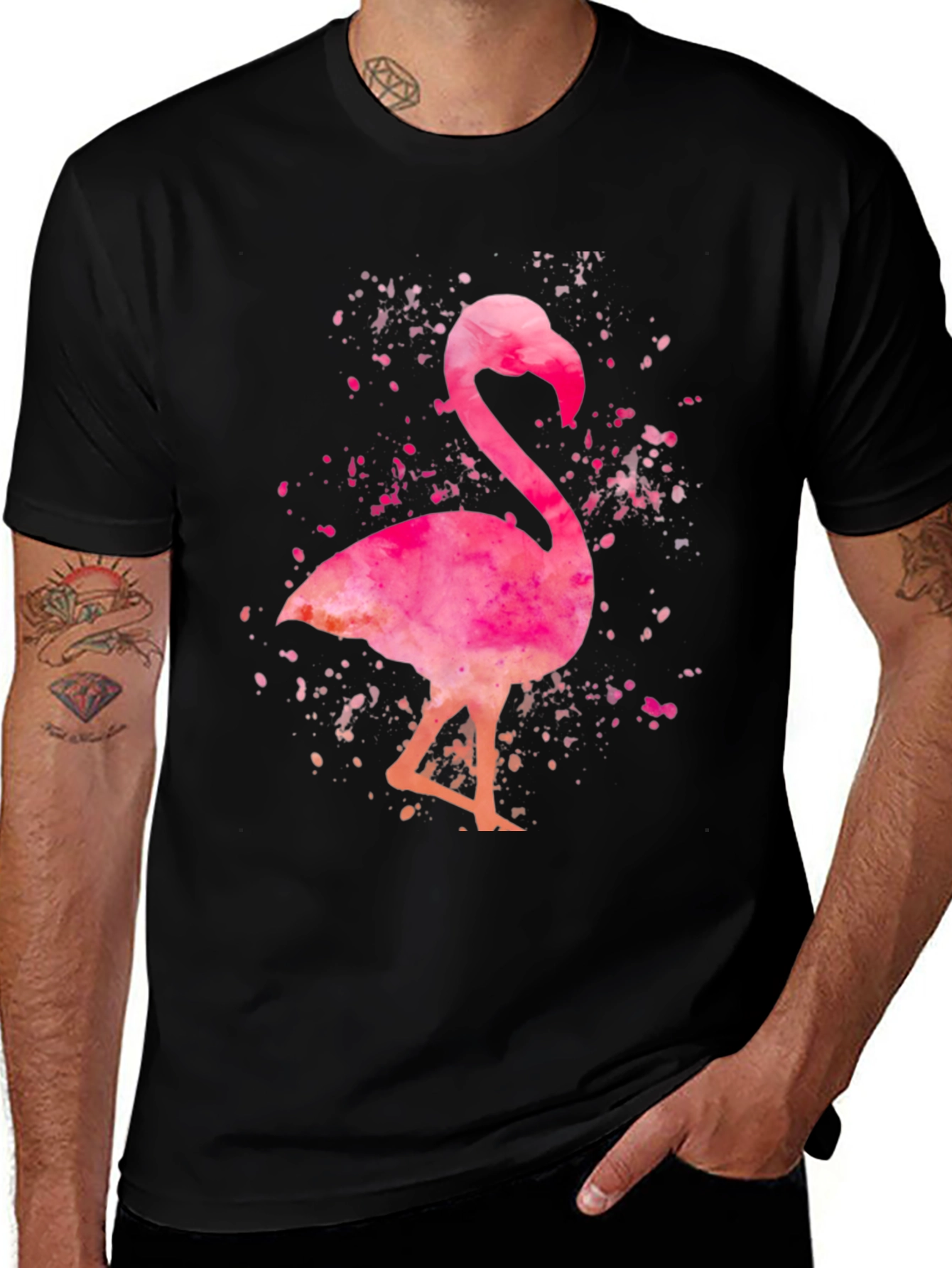 Variant 6 of Watercolor Flamingo Graphic Tee - Black Cotton