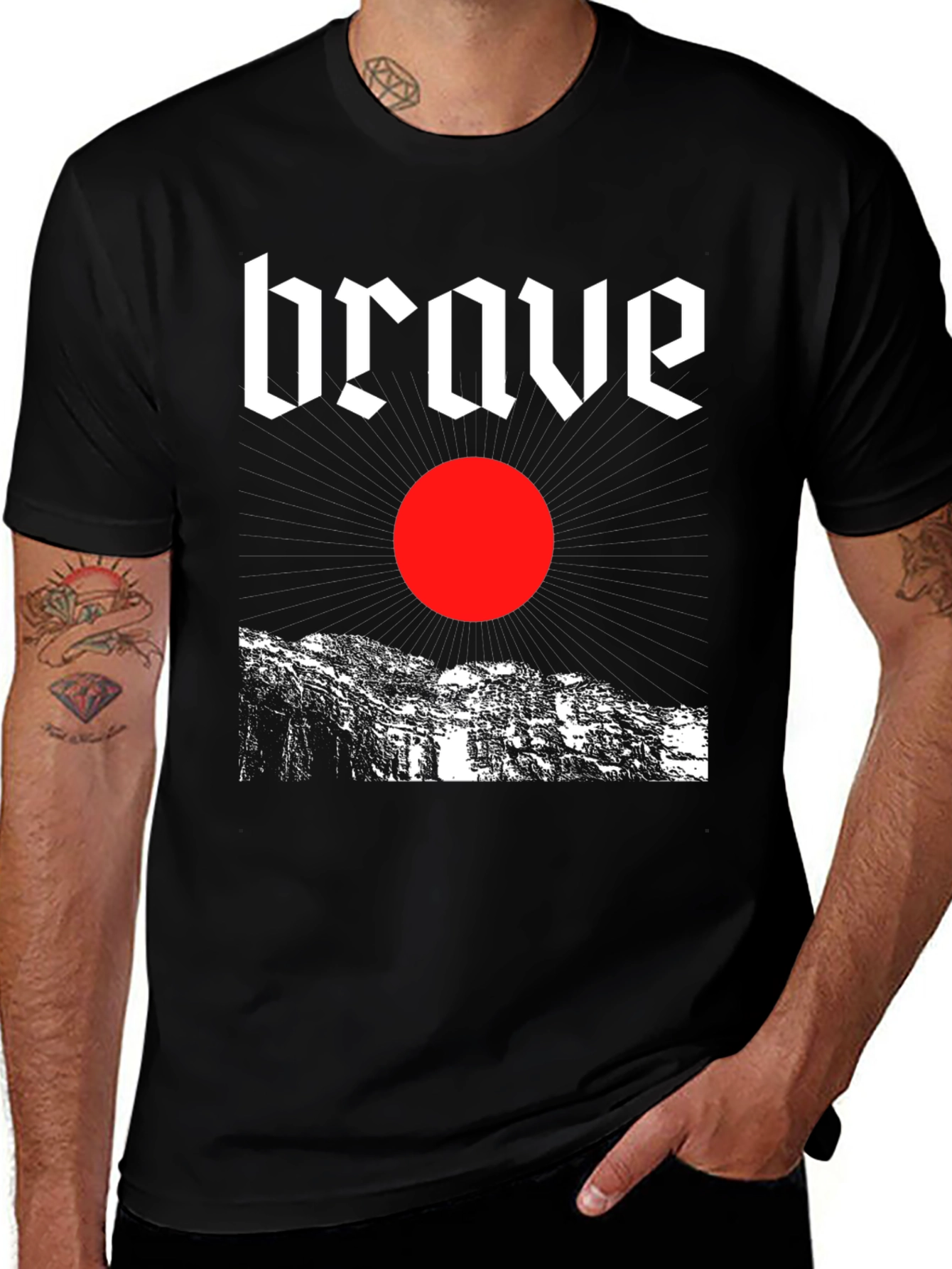 Variant 26 of Brave Graphic Tee - Mountain & Sun Design, Black Cotton T-Shirt