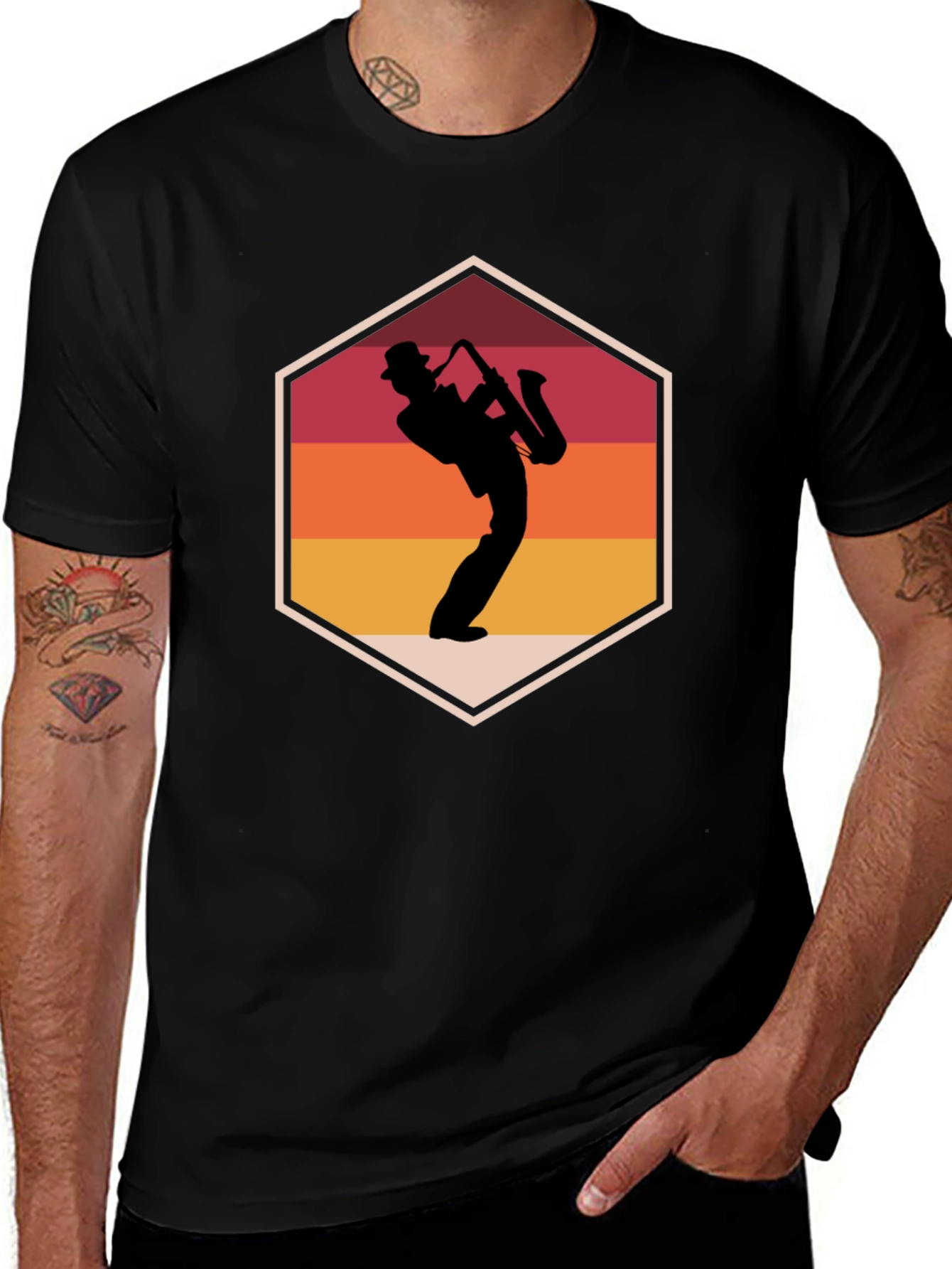 Variant 7 of Retro Saxophone Player Graphic Tee - Black