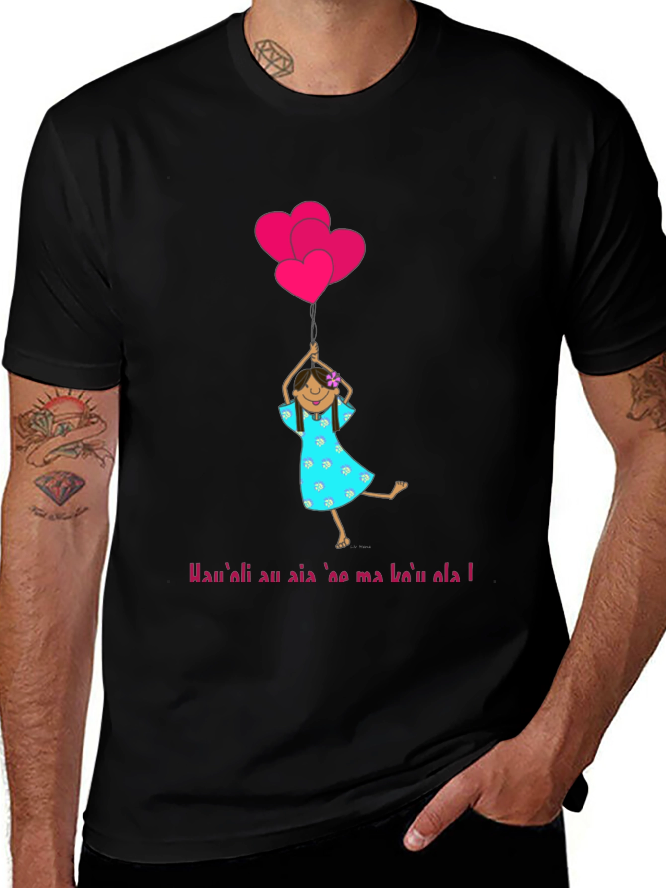 Girl with Heart Balloons Black T-Shirt