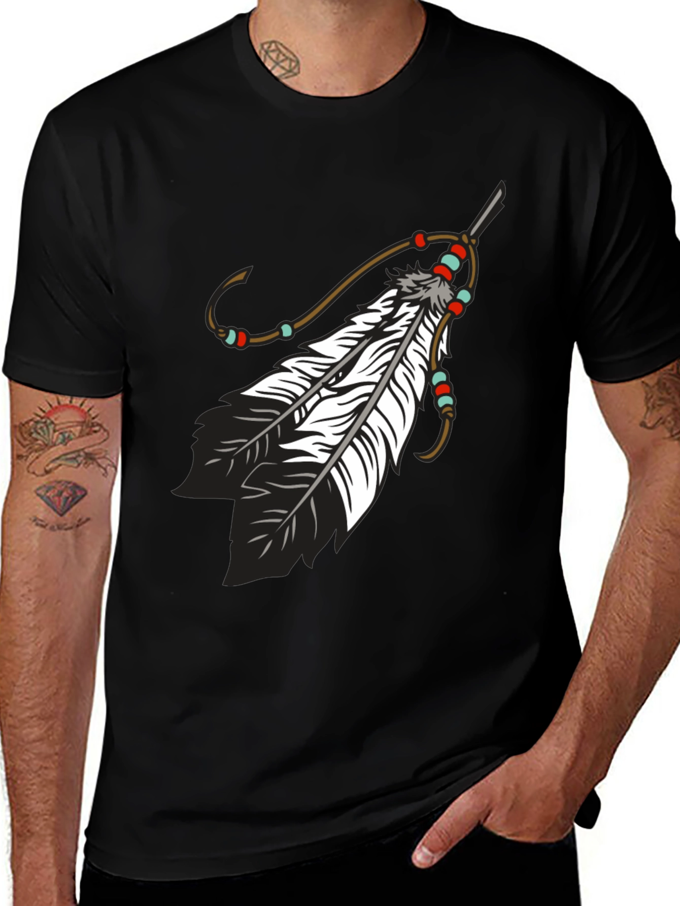 Variant 10 of Feather & Bead Graphic Tee - Tribal Style