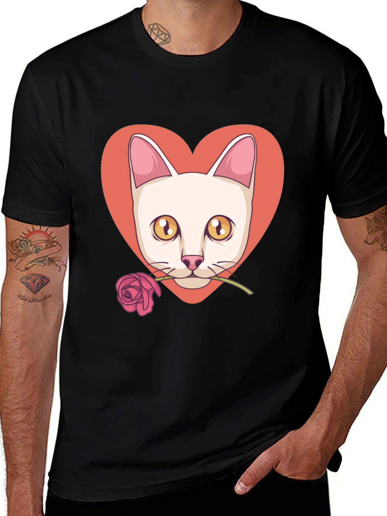 Cat & Rose Heart Graphic T-Shirt - Black