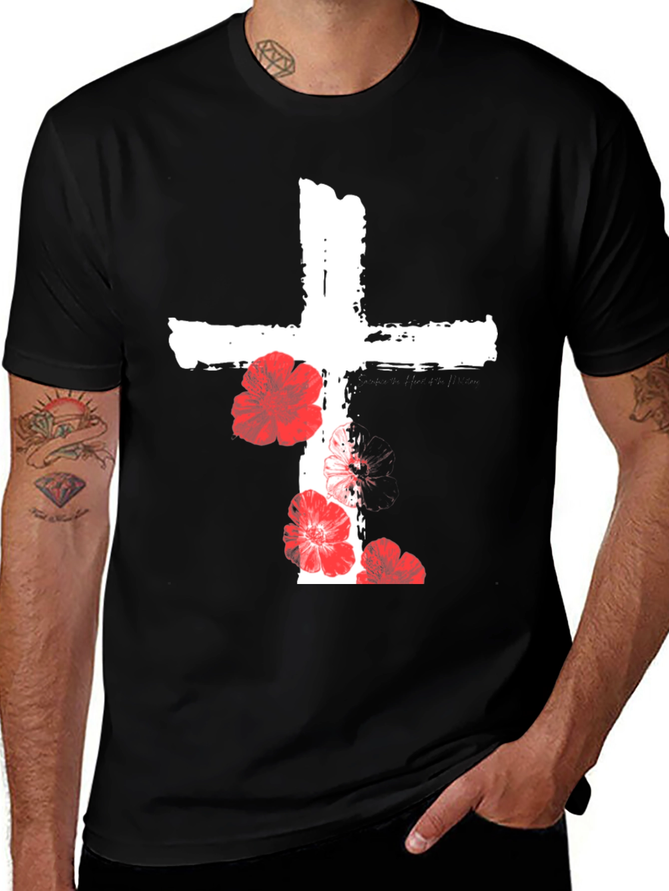 Variant 11 of Floral Cross Graphic T-Shirt - Black