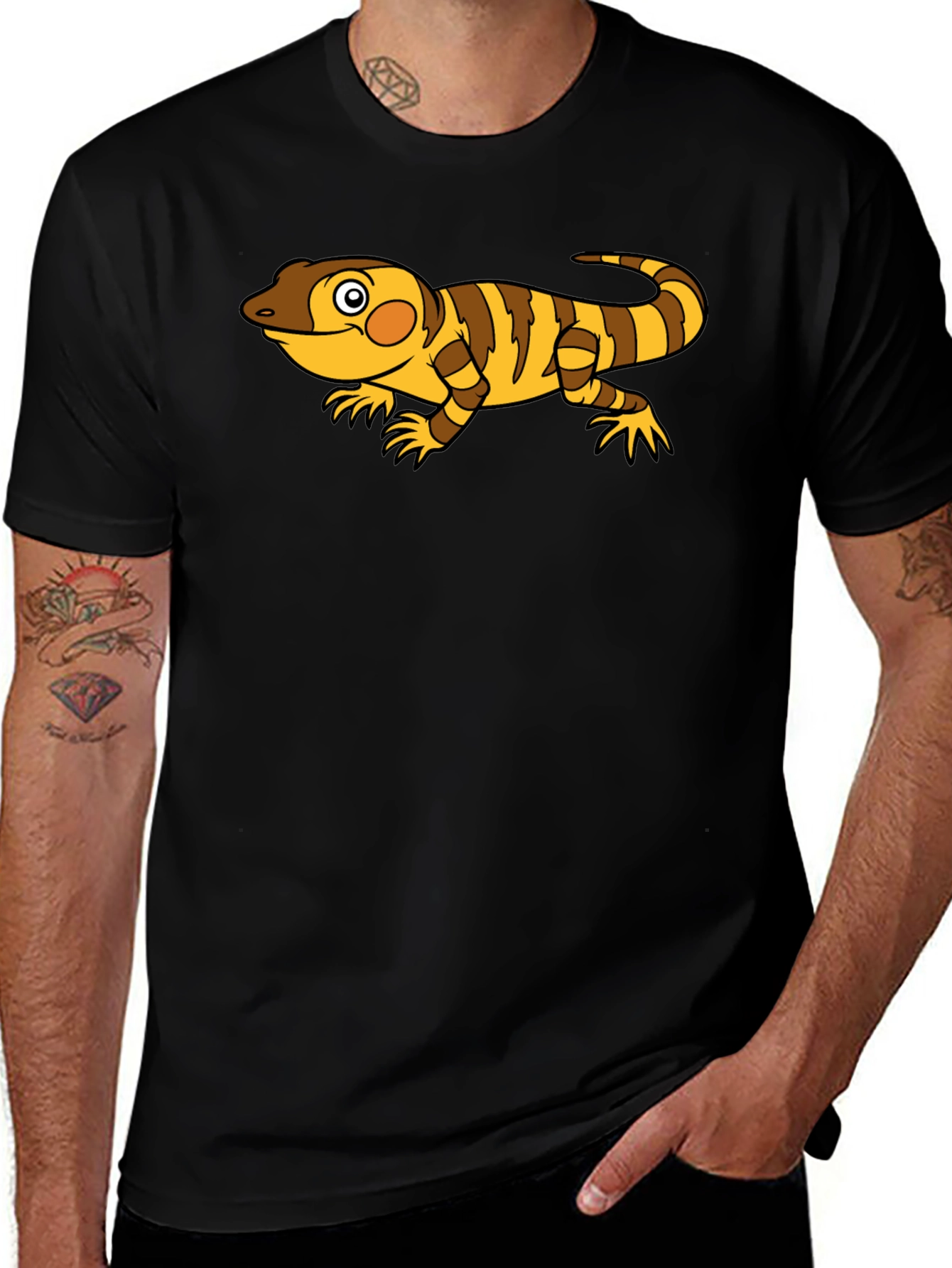 Black T-Shirt with Cartoon Lizard Design