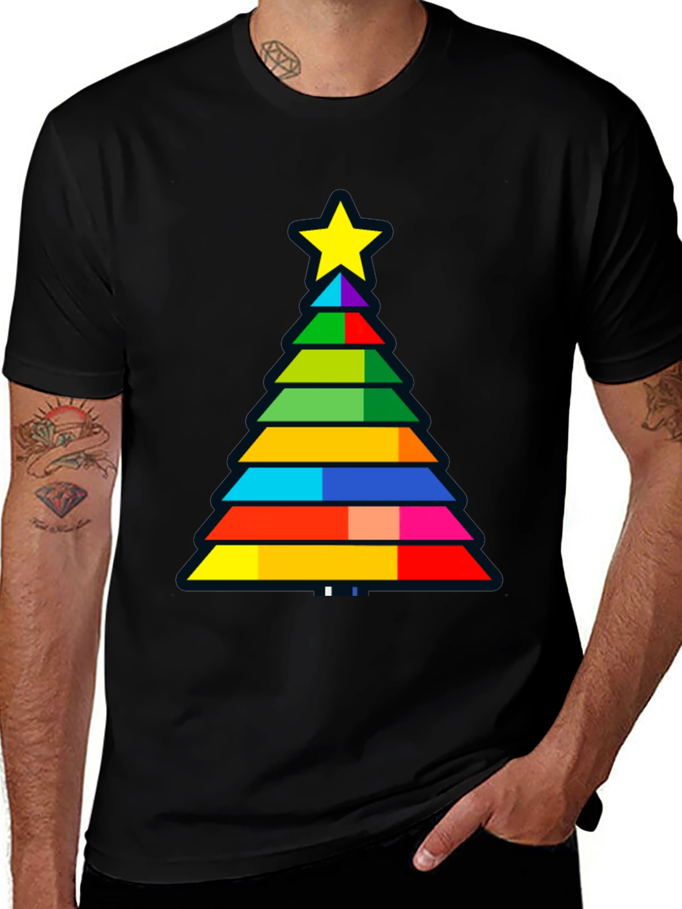 Colorful Christmas Tree Graphic Tee - Black