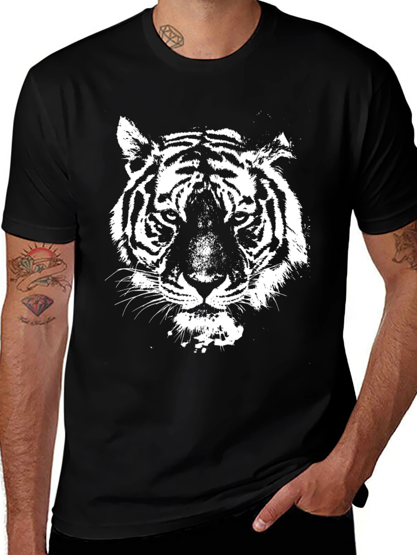 Black T-Shirt with White Tiger Graphic