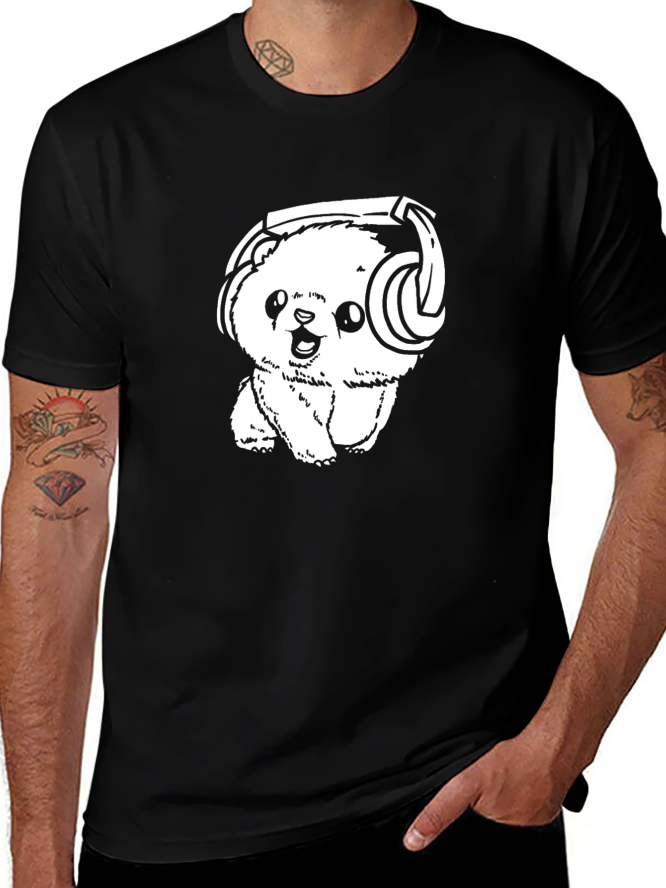 Variant 21 of Cute Bear with Headphones Black T-Shirt