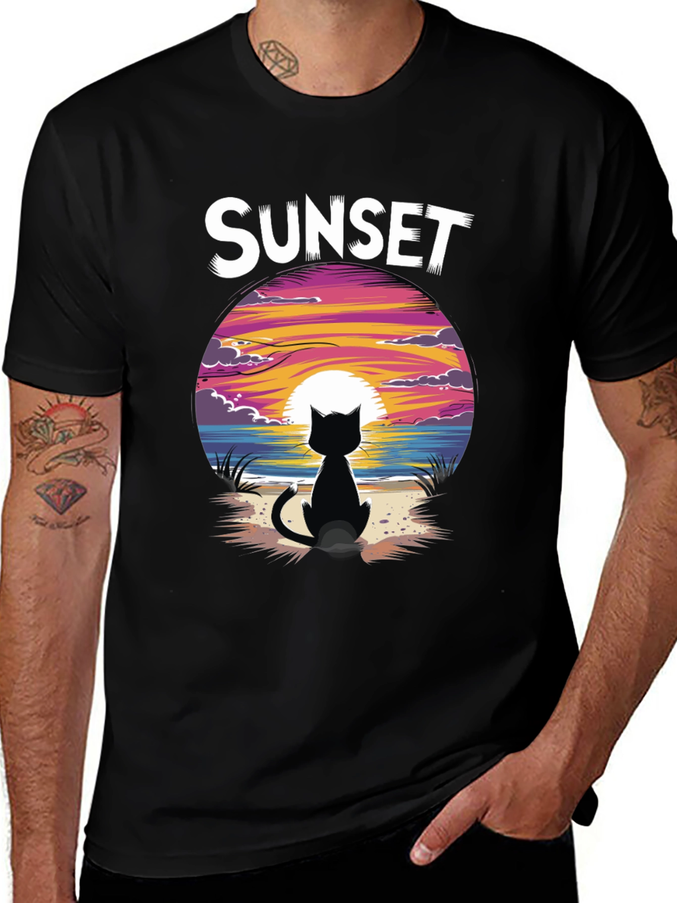 Variant 8 of Sunset Cat Graphic Tee - Stylish Unisex Cotton T-Shirt