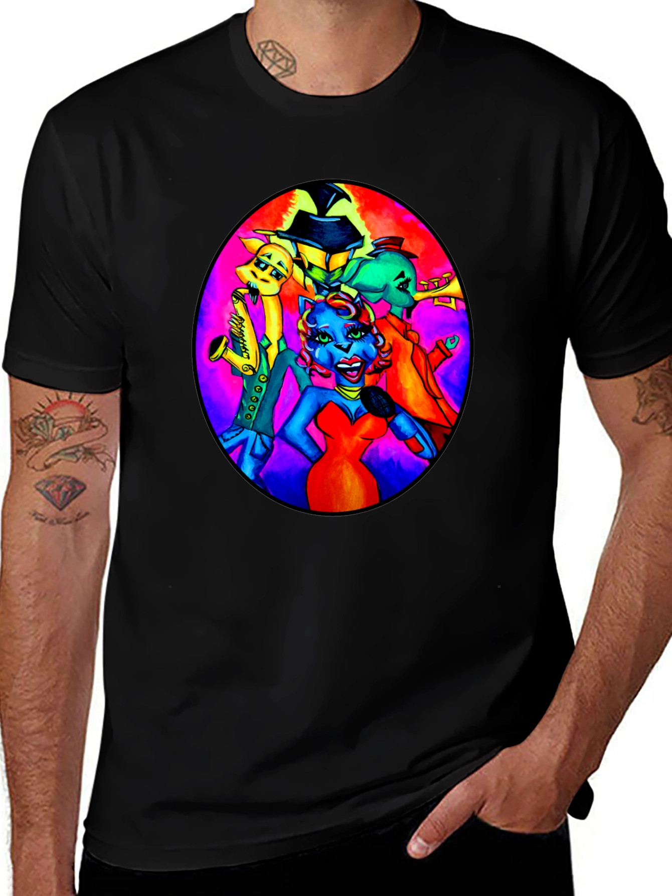 Variant 30 of Black T-Shirt with Retro Cartoon Band Print