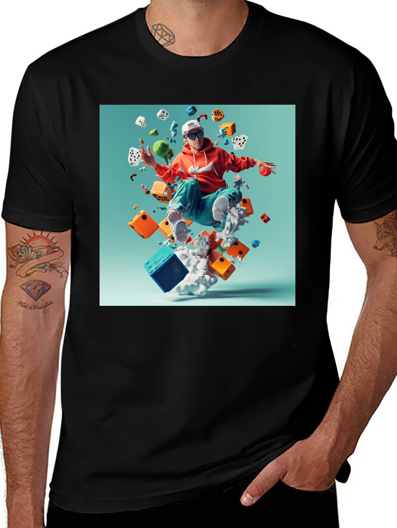 Artistic Dice Graphic Tee - Casual Cotton T-Shirt