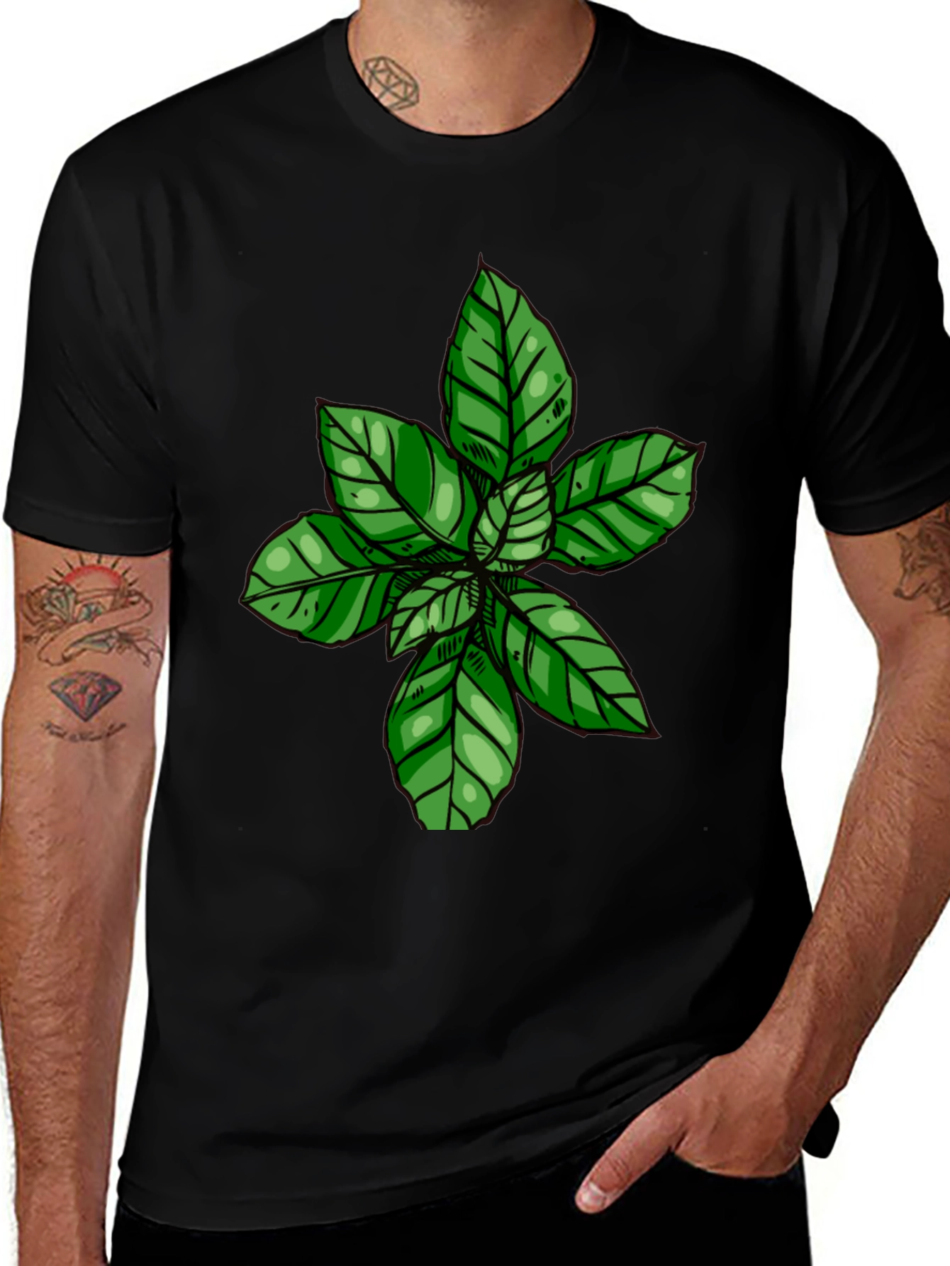 Variant 30 of Green Leaf Print Black T-Shirt