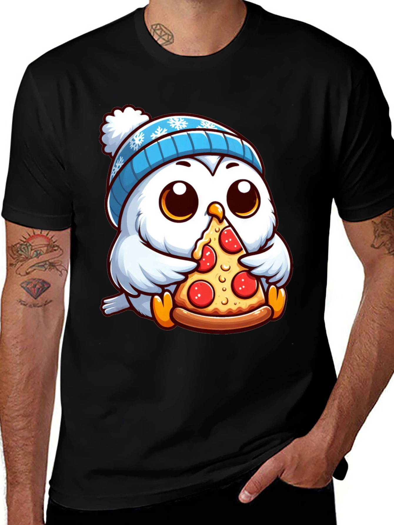 Variant 18 of Owl Pizza Lover T-Shirt - Cute Bird in Winter Hat