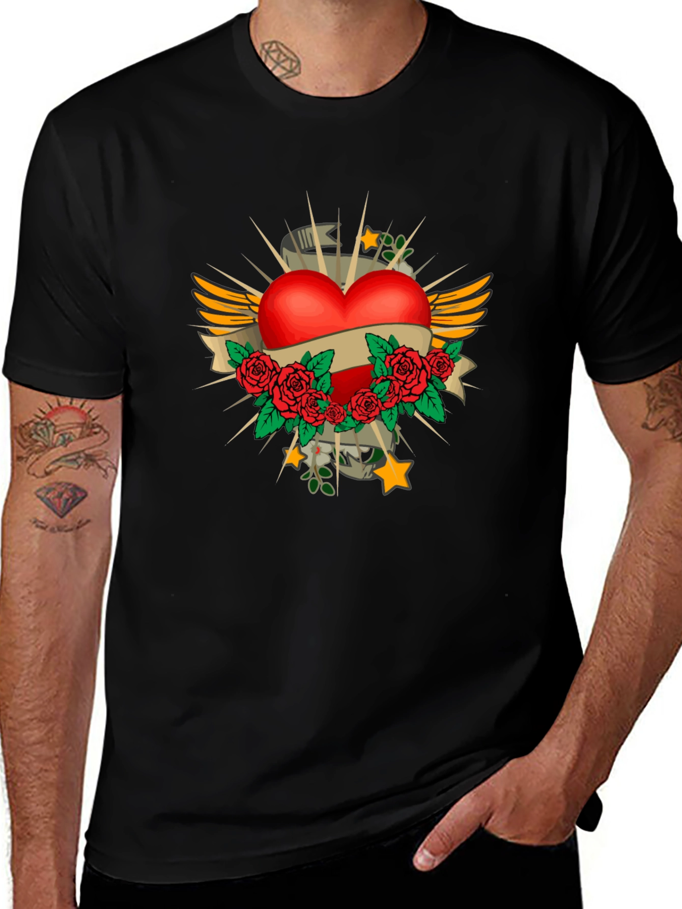 Variant 5 of Heart Rose Tattoo Graphic Black T-Shirt