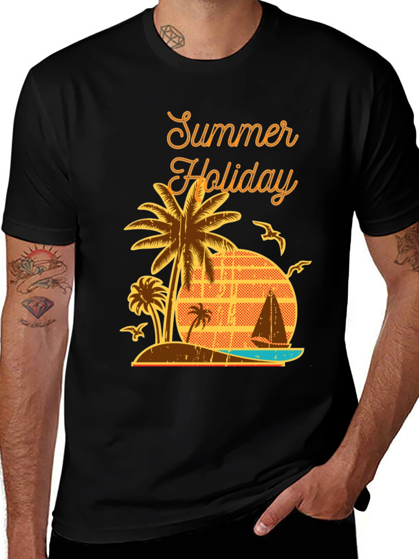 Black Summer Holiday Graphic T-Shirt - Palm Tree Beach Design main image