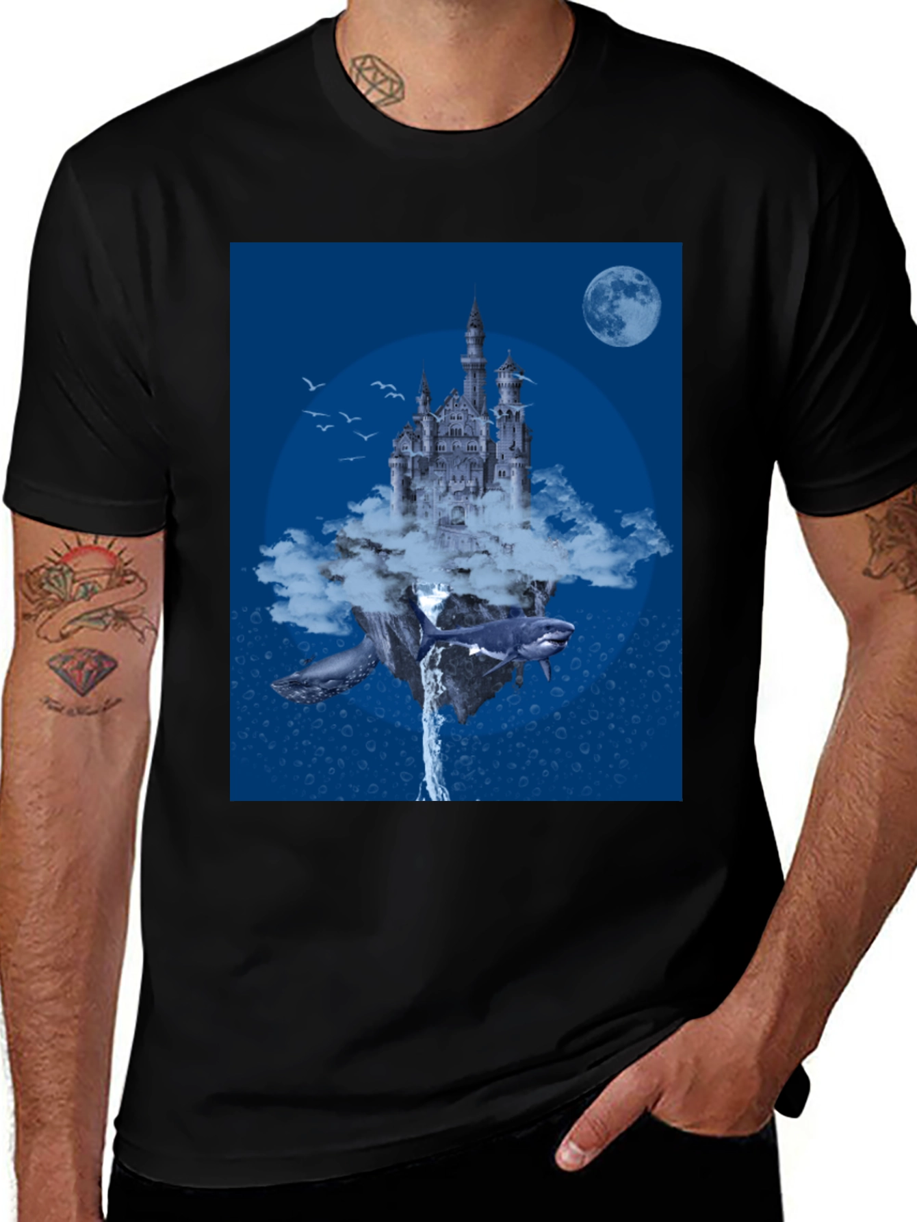Variant 18 of Fantasy Castle Whale Graphic Black T-Shirt