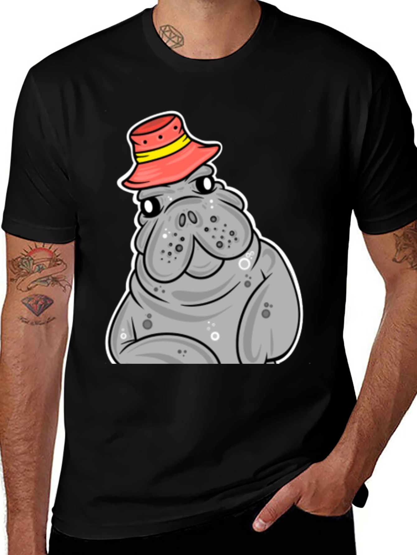Variant 11 of Man's T-Shirt with Manatee Wearing Hat Graphic