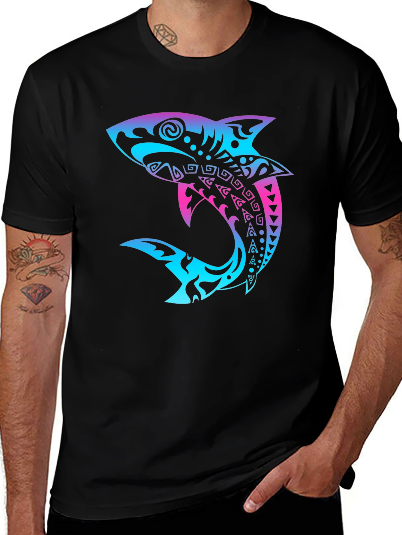 Tribal Shark Graphic Tee - Black Cotton Blend