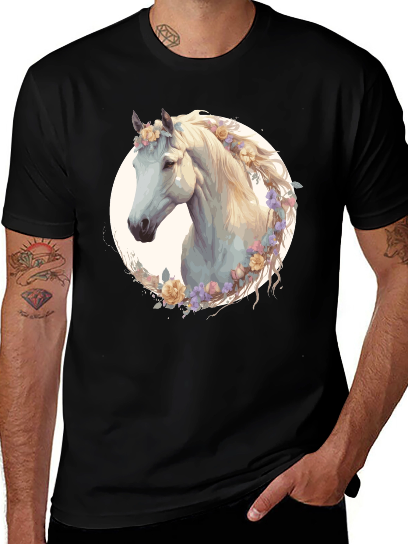 Variant 13 of Floral Horse Graphic Tee - Black Cotton Shirt