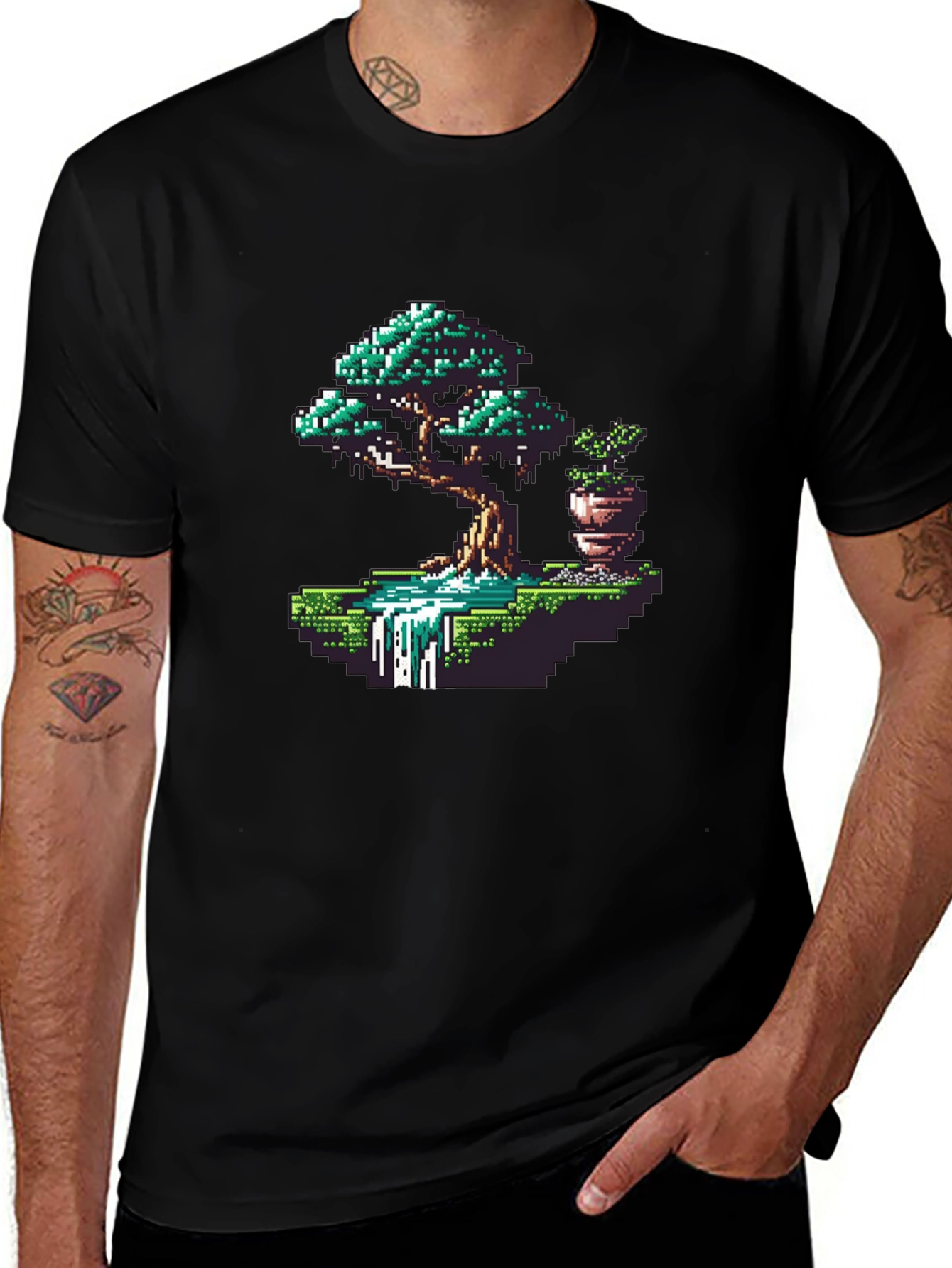Black Pixel Art Bonsai Tree Graphic Tee main image