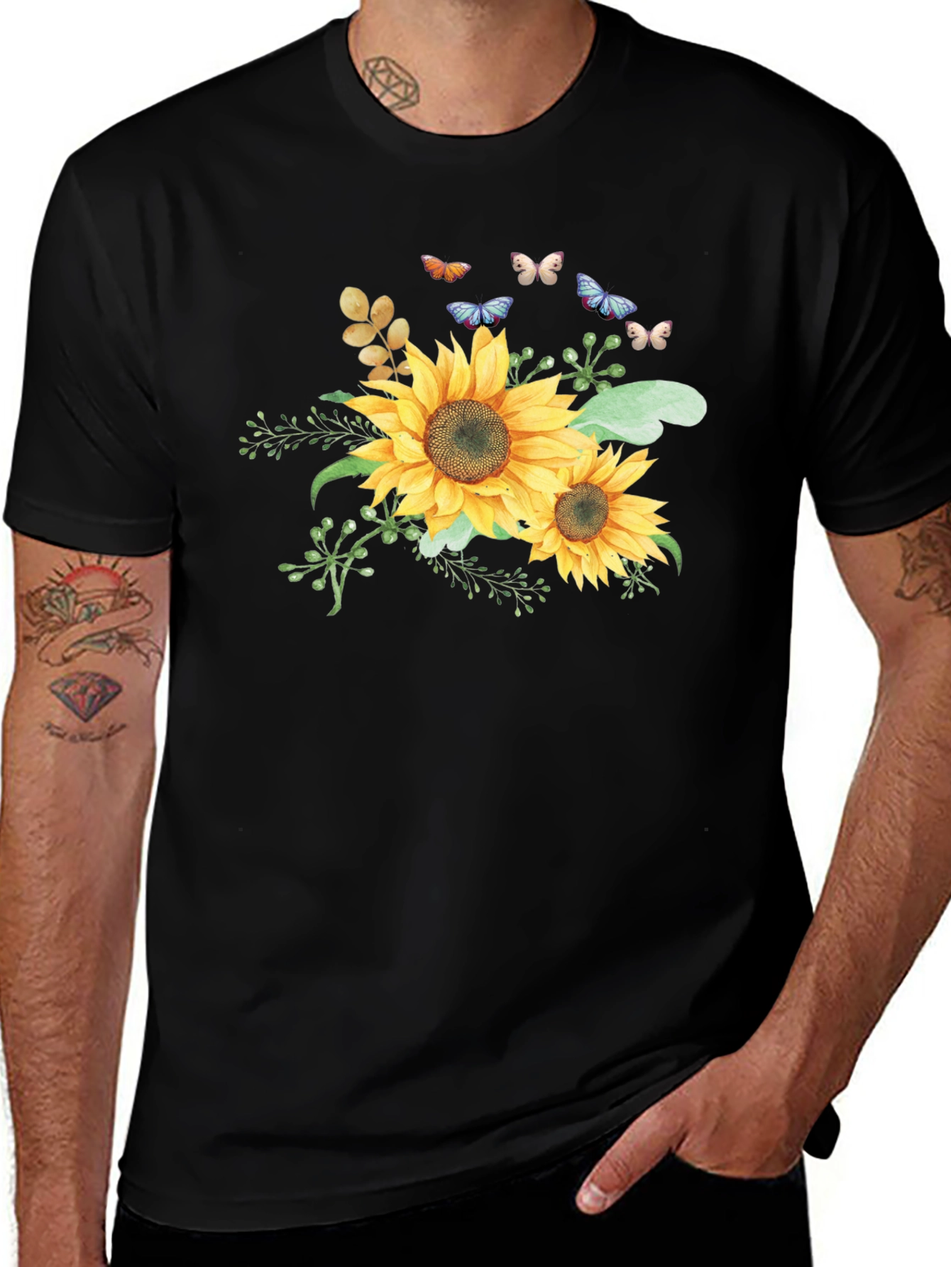 Variant 18 of Sunflower & Butterfly Graphic Black T-Shirt