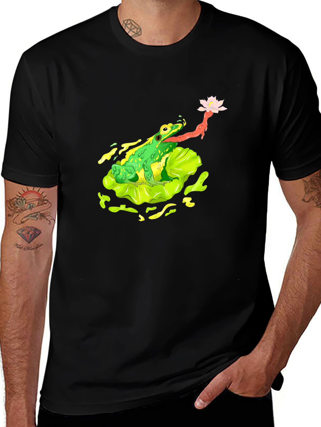 Variant 5 of Frog on Lily Pad Graphic Tee - Black Cotton T-Shirt