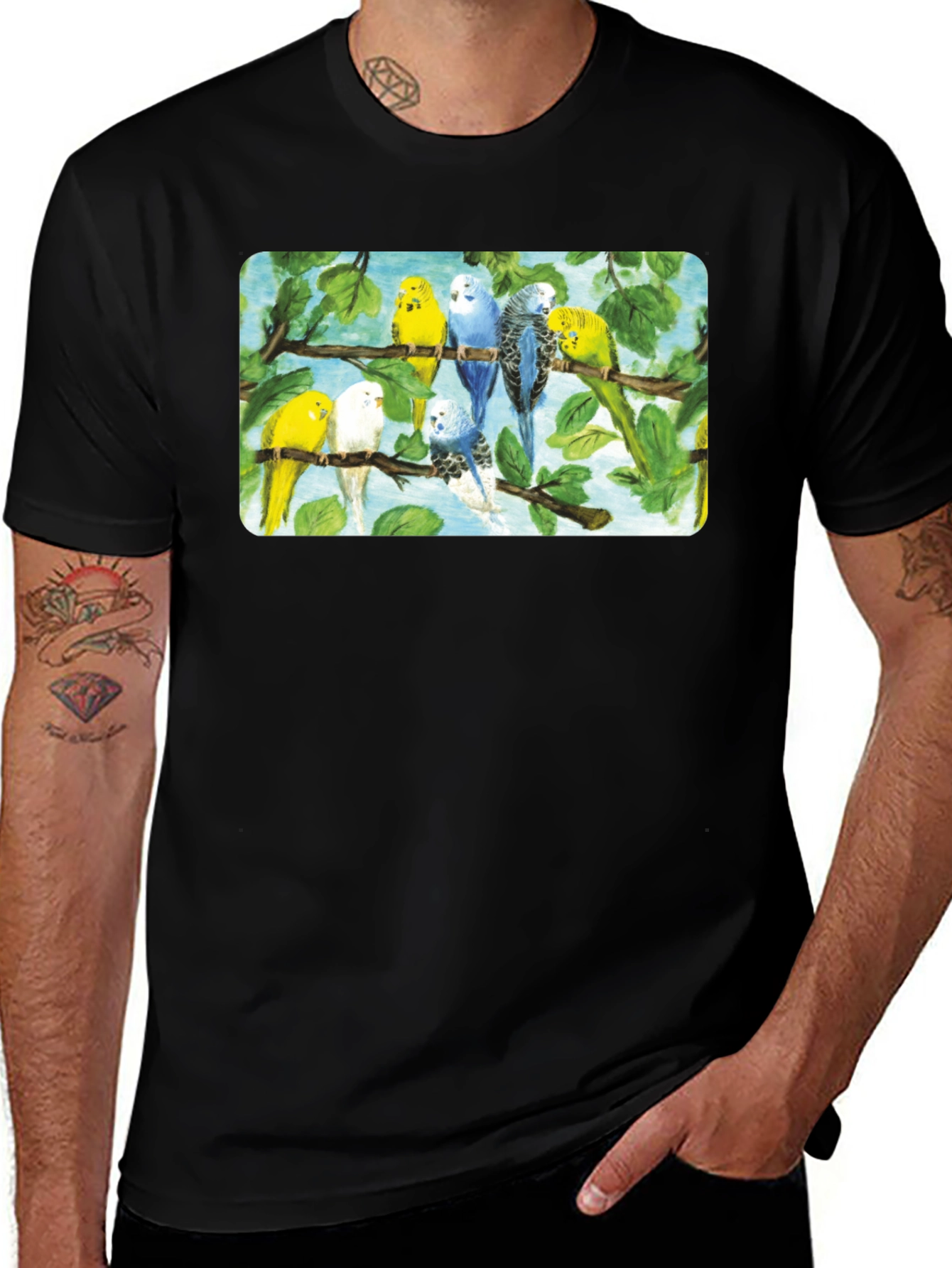 Variant 12 of Parakeets on Branches Graphic T-Shirt