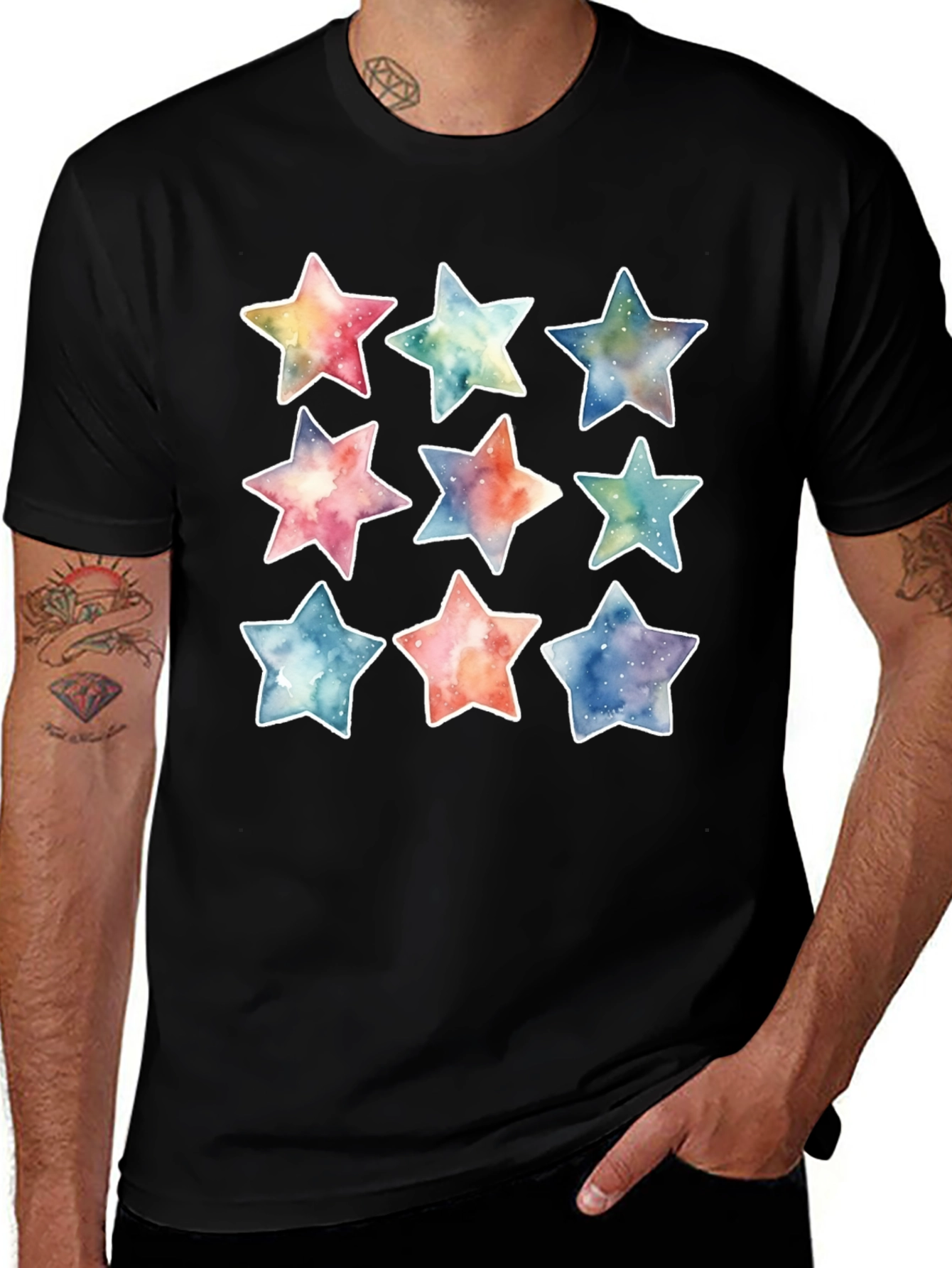 Variant 19 of Colorful Watercolor Stars Black T-Shirt