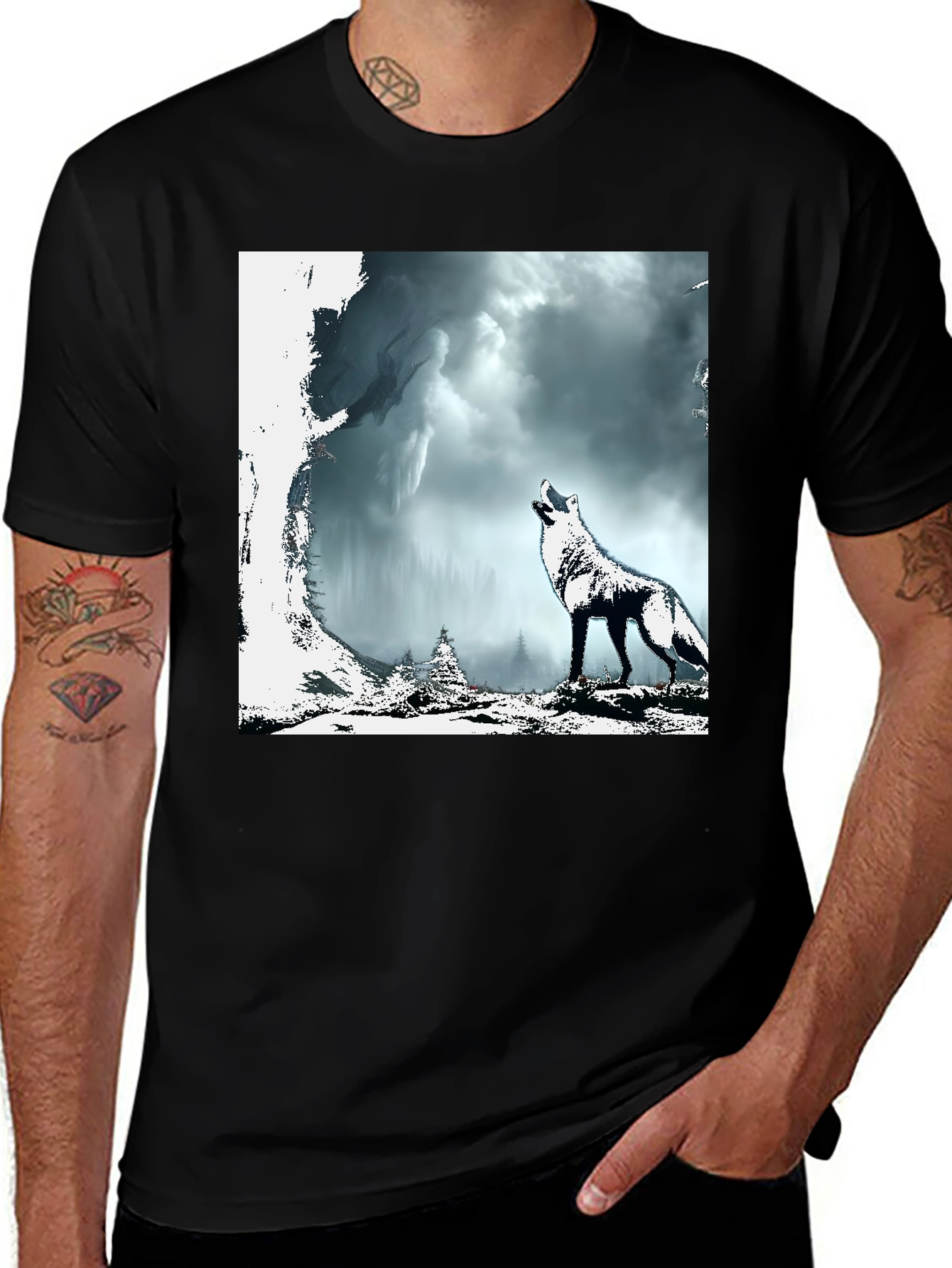 Variant 13 of Wolf Howl Graphic Tee - Men's Black T-Shirt