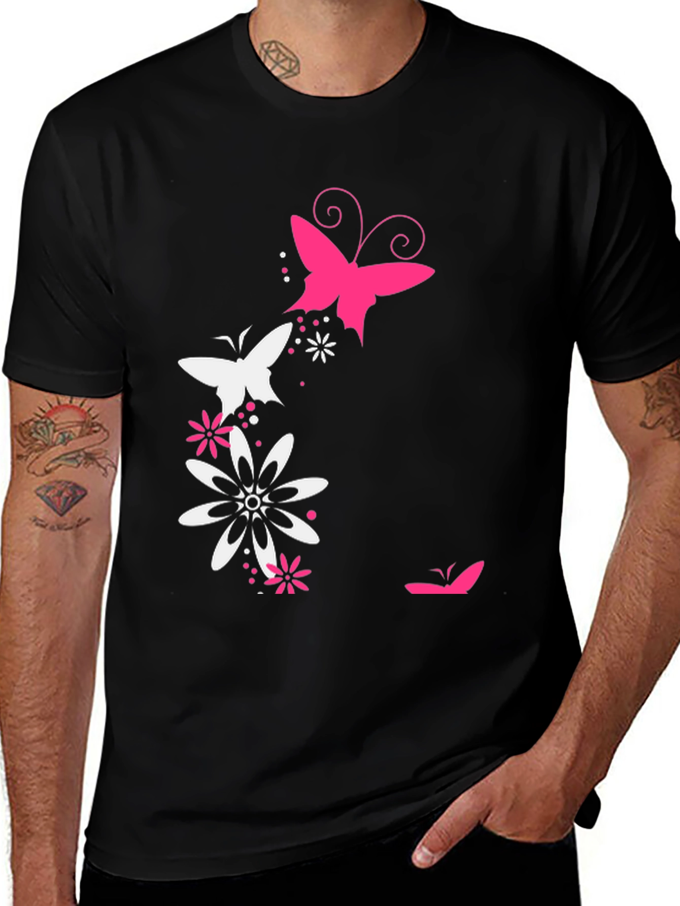 Butterfly & Floral Print Black T-Shirt