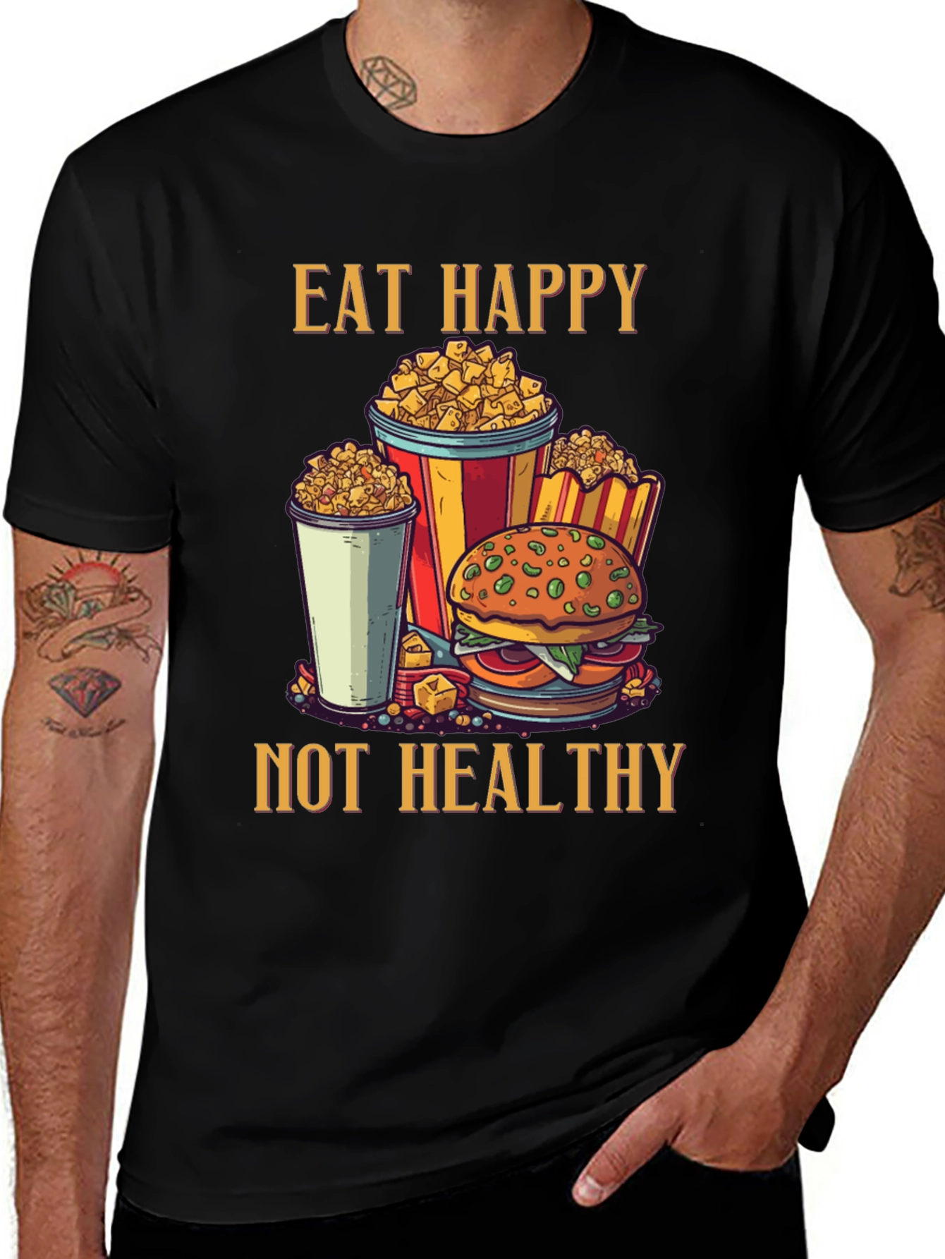 Variant 21 of Eat Happy Graphic Tee - Burger & Popcorn Design