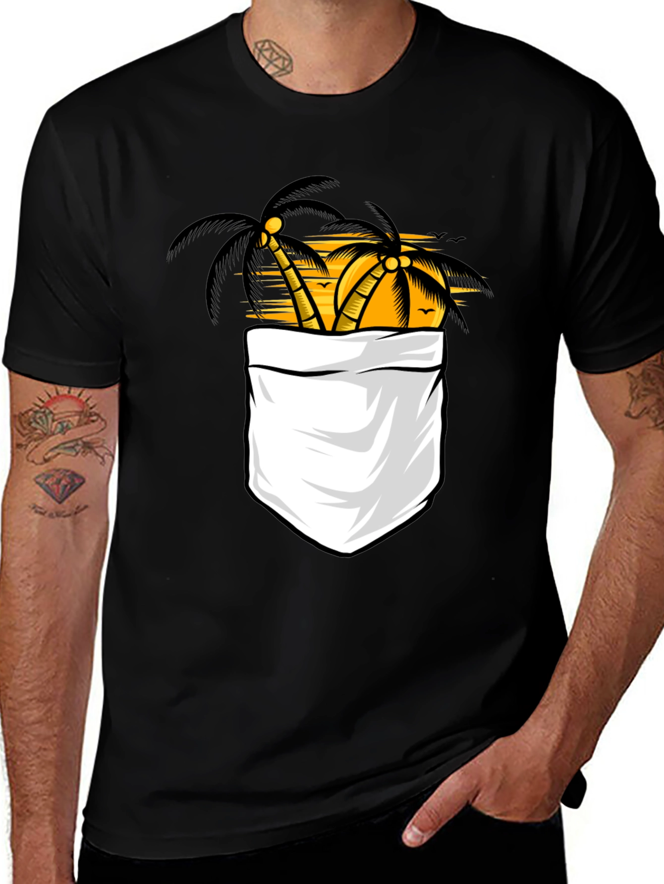 Tropical Palm Tree Pocket Print Black T-Shirt
