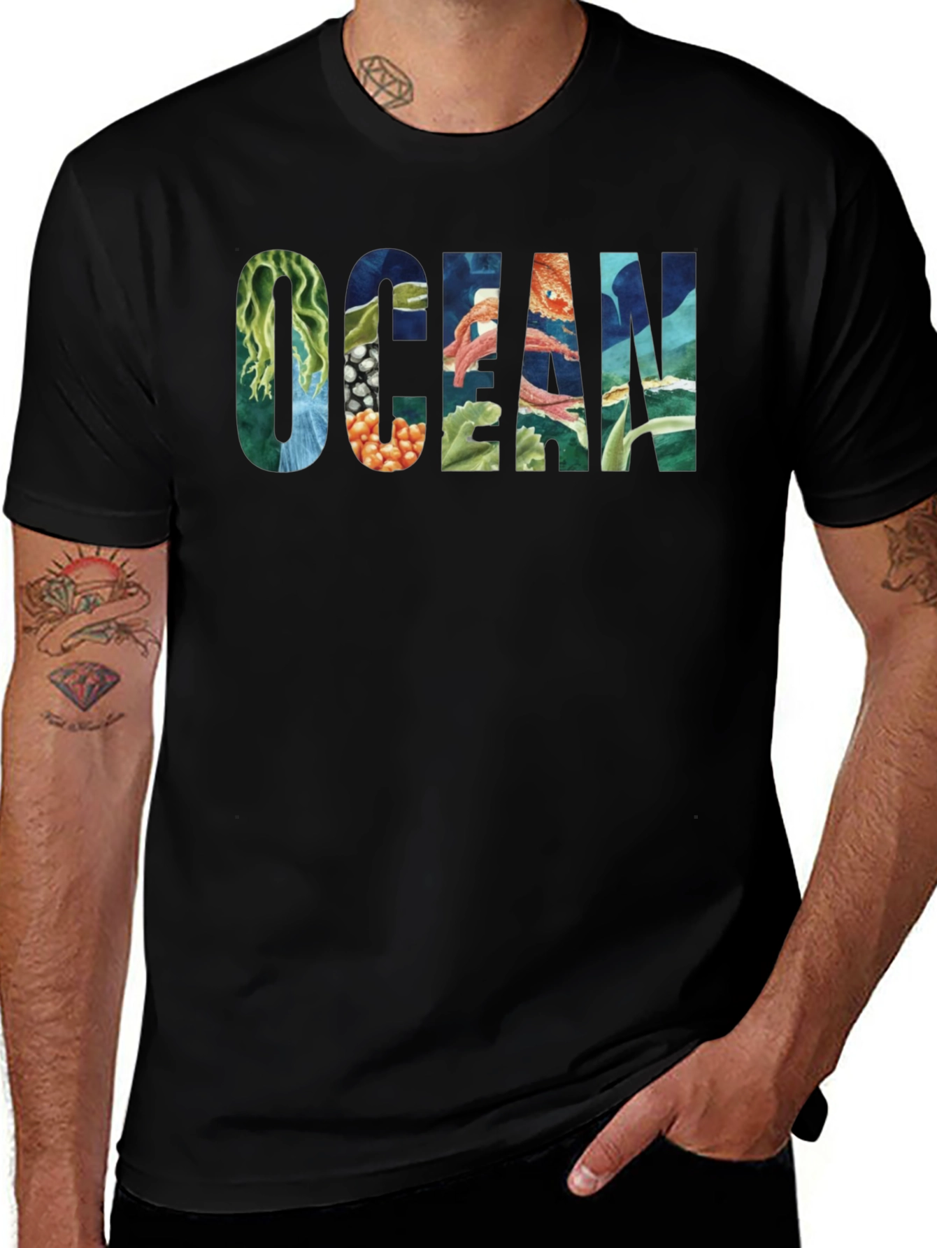 Variant 24 of Ocean Theme Graphic Print Black T-Shirt