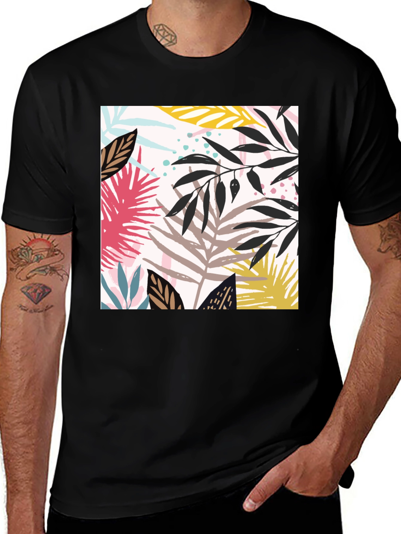 Variant 21 of Tropical Leaf Print Black T-Shirt for Men