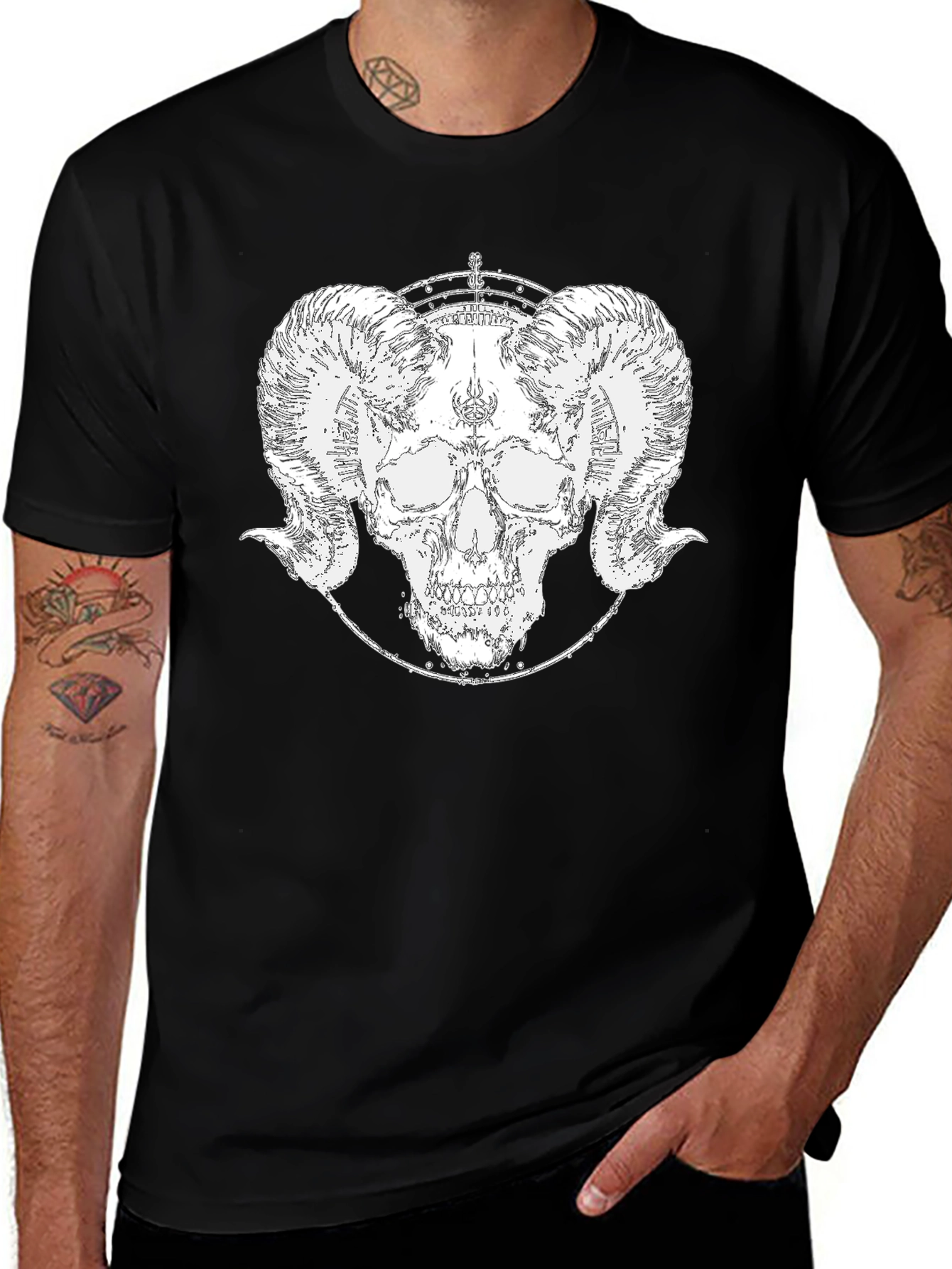 Variant 26 of Ram Skull Graphic Tee - Black Cotton T-Shirt